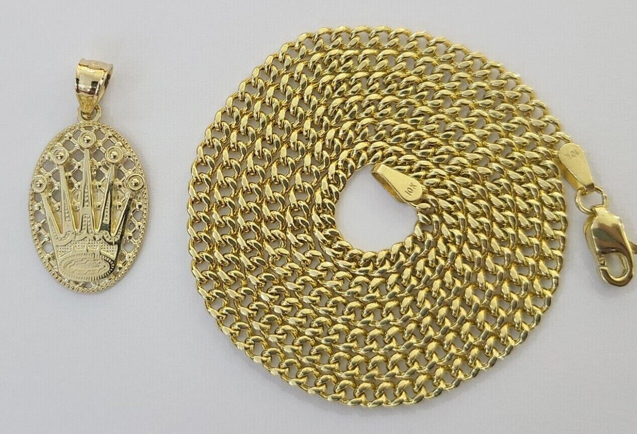 10K Yellow Gold Crown Pendent Charm 3mm Miami Cubn Chain 18" 20" 22" 24" 26"Inch - Image 7