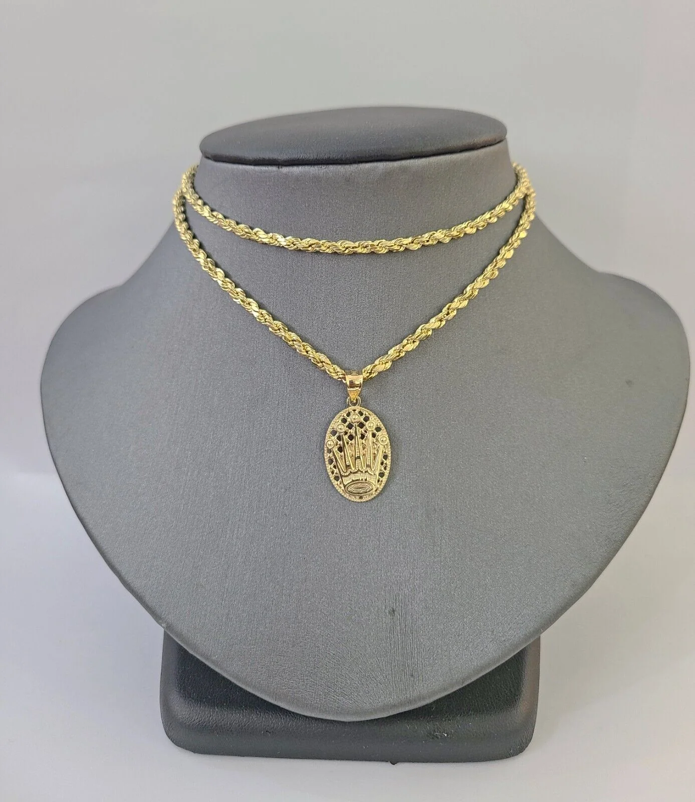 10K Yellow Gold Crown Pendent Charm 3mm Rope Chain 18" 20" 22" 24" 26" Inch - Image 2