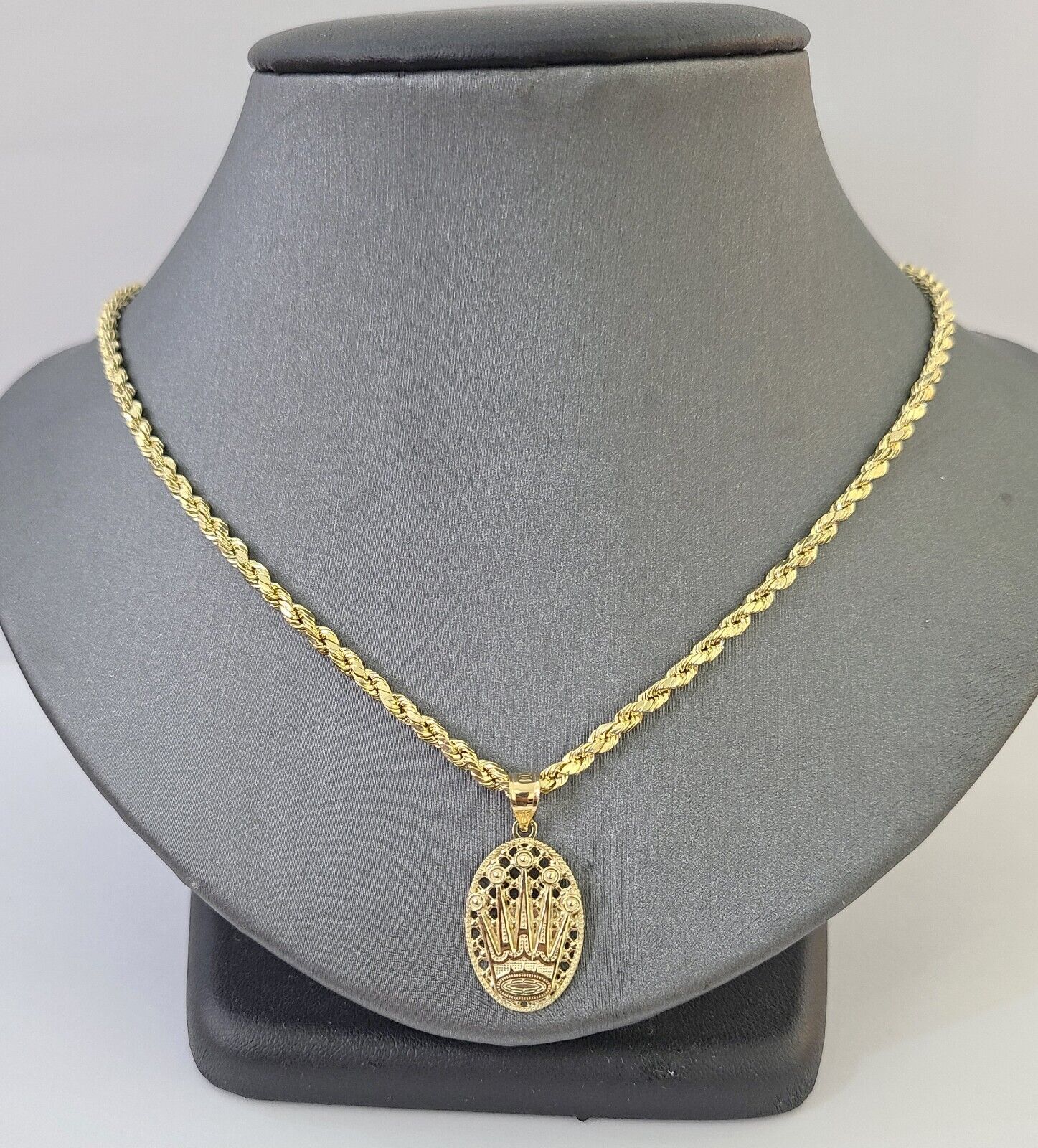 10K Yellow Gold Crown Pendent Charm 3mm Rope Chain 18" 20" 22" 24" 26" Inch - Image 4