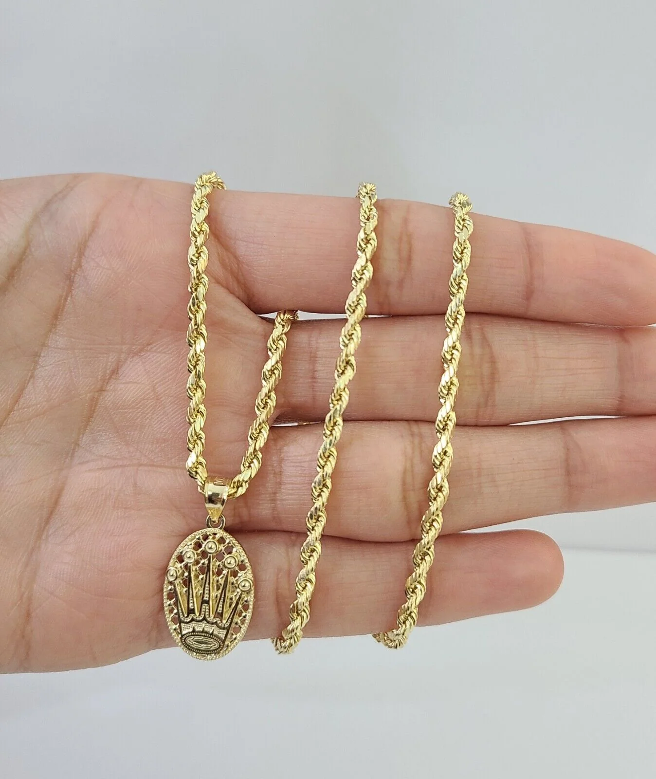 10K Yellow Gold Crown Pendent Charm 3mm Rope Chain 18" 20" 22" 24" 26" Inch - Image 5
