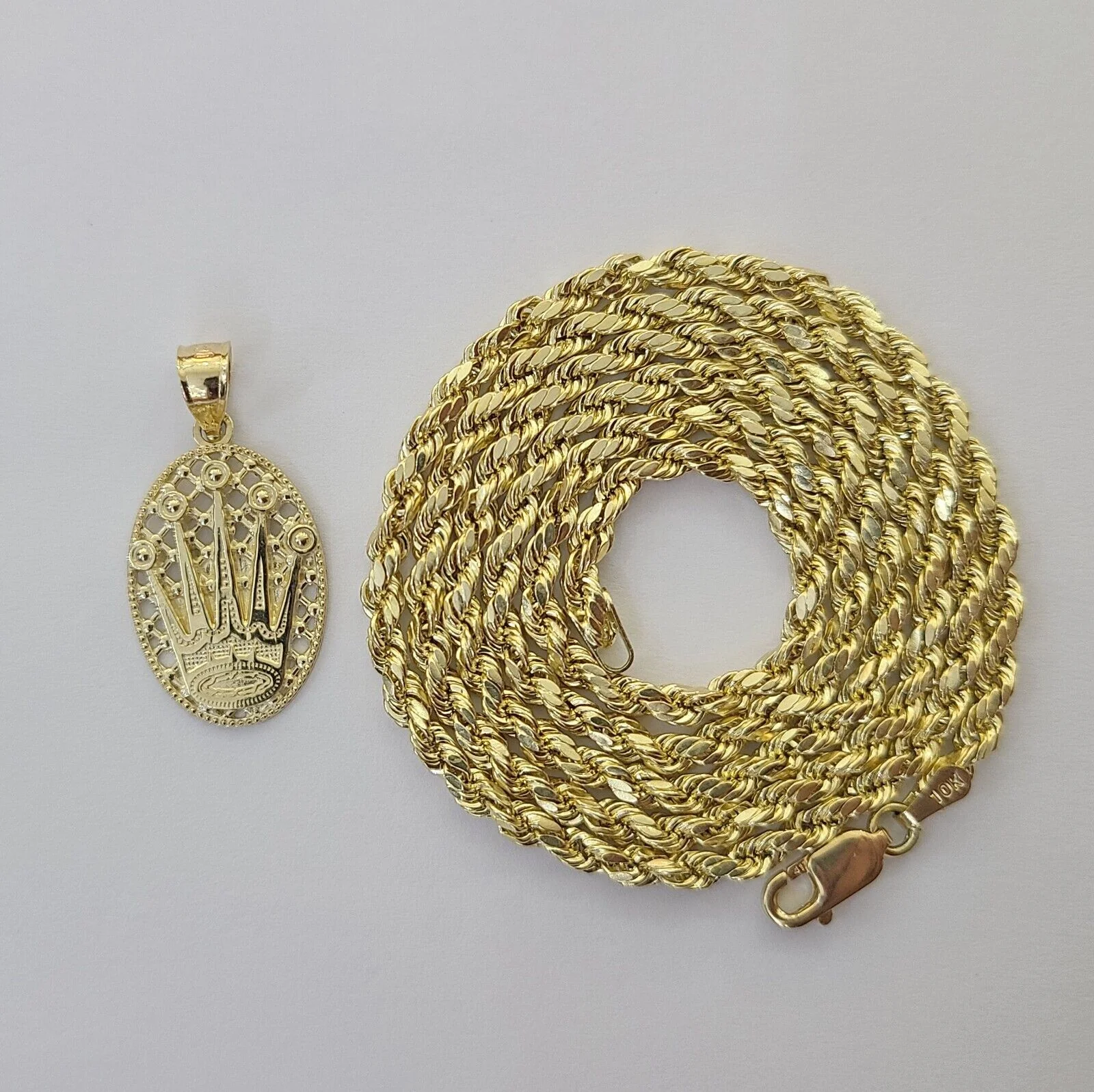10K Yellow Gold Crown Pendent Charm 3mm Rope Chain 18" 20" 22" 24" 26" Inch - Image 6