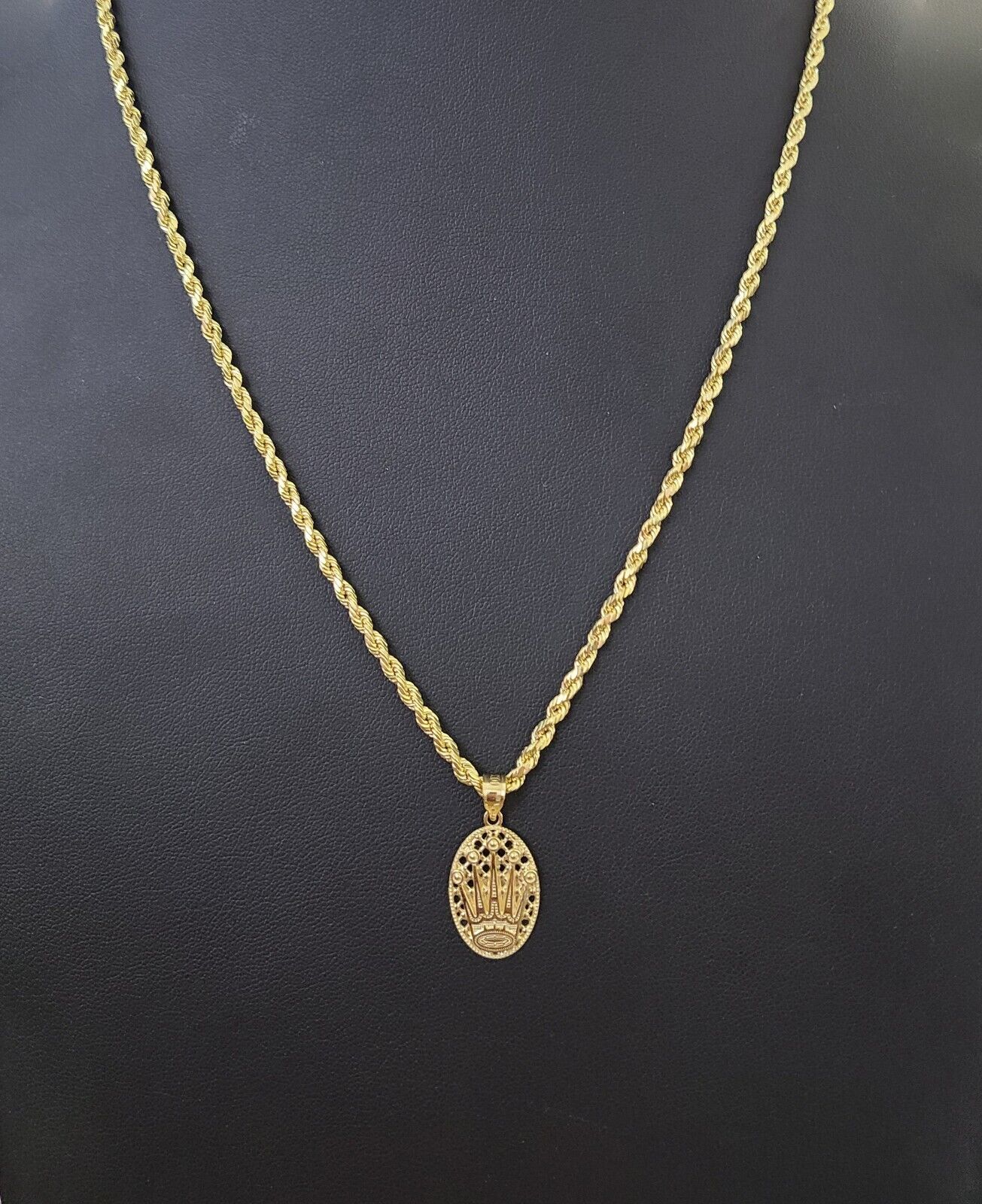 10K Yellow Gold Crown Pendent Charm 3mm Rope Chain 18" 20" 22" 24" 26" Inch - Image 7