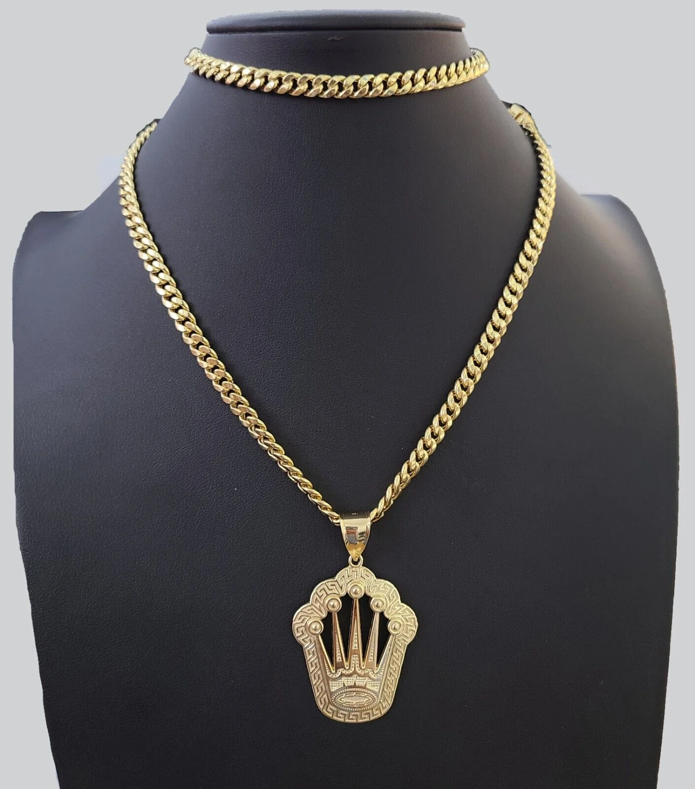 10K Yellow Gold Crown Pendent Charm 6mm Miami Cuban Link Chain 18 - 30" Inch - Image 2