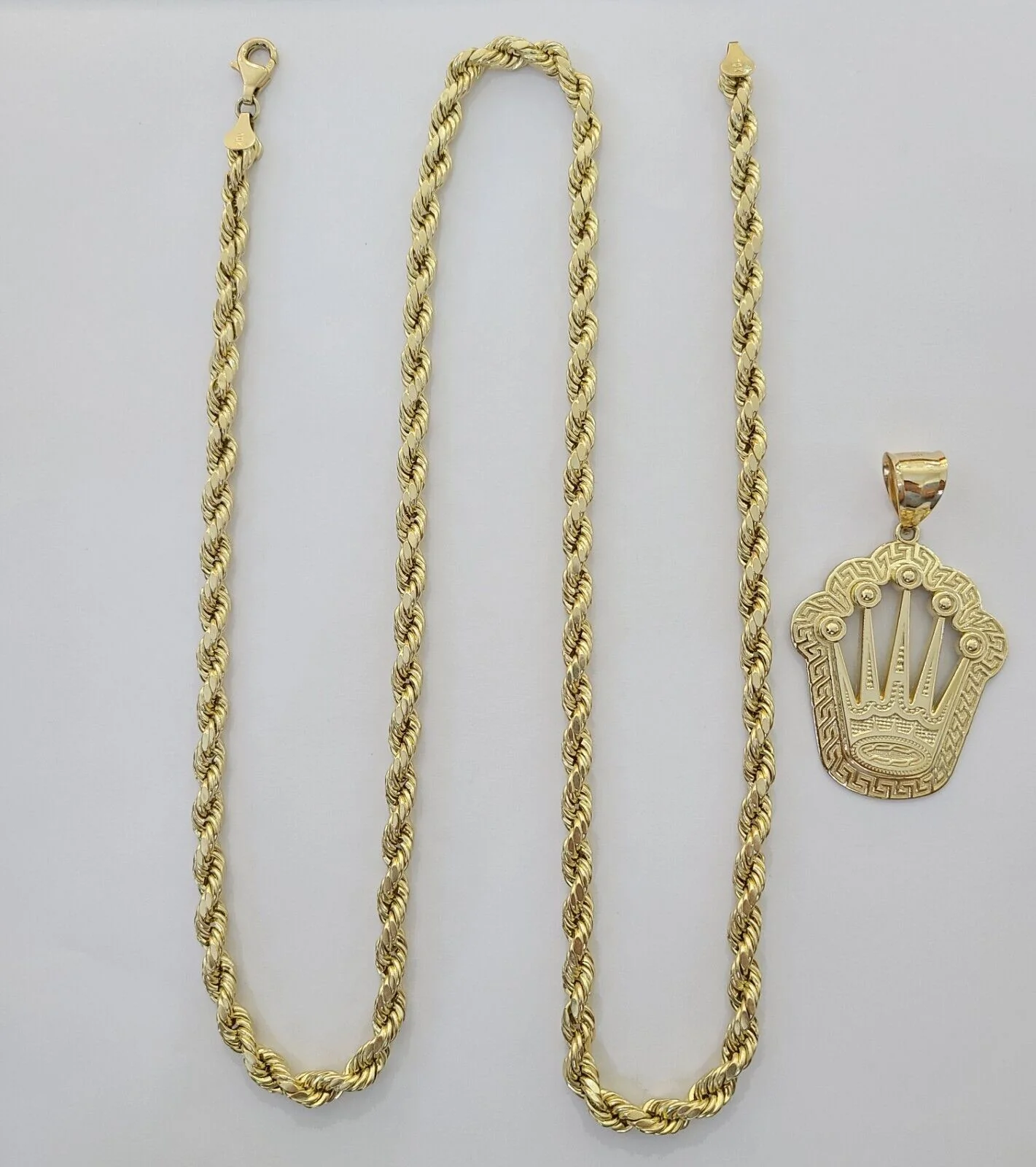 10K Yellow Gold Crown Pendent Charm 6mm Rope Chain 18" - 30" Inch Real - Image 5