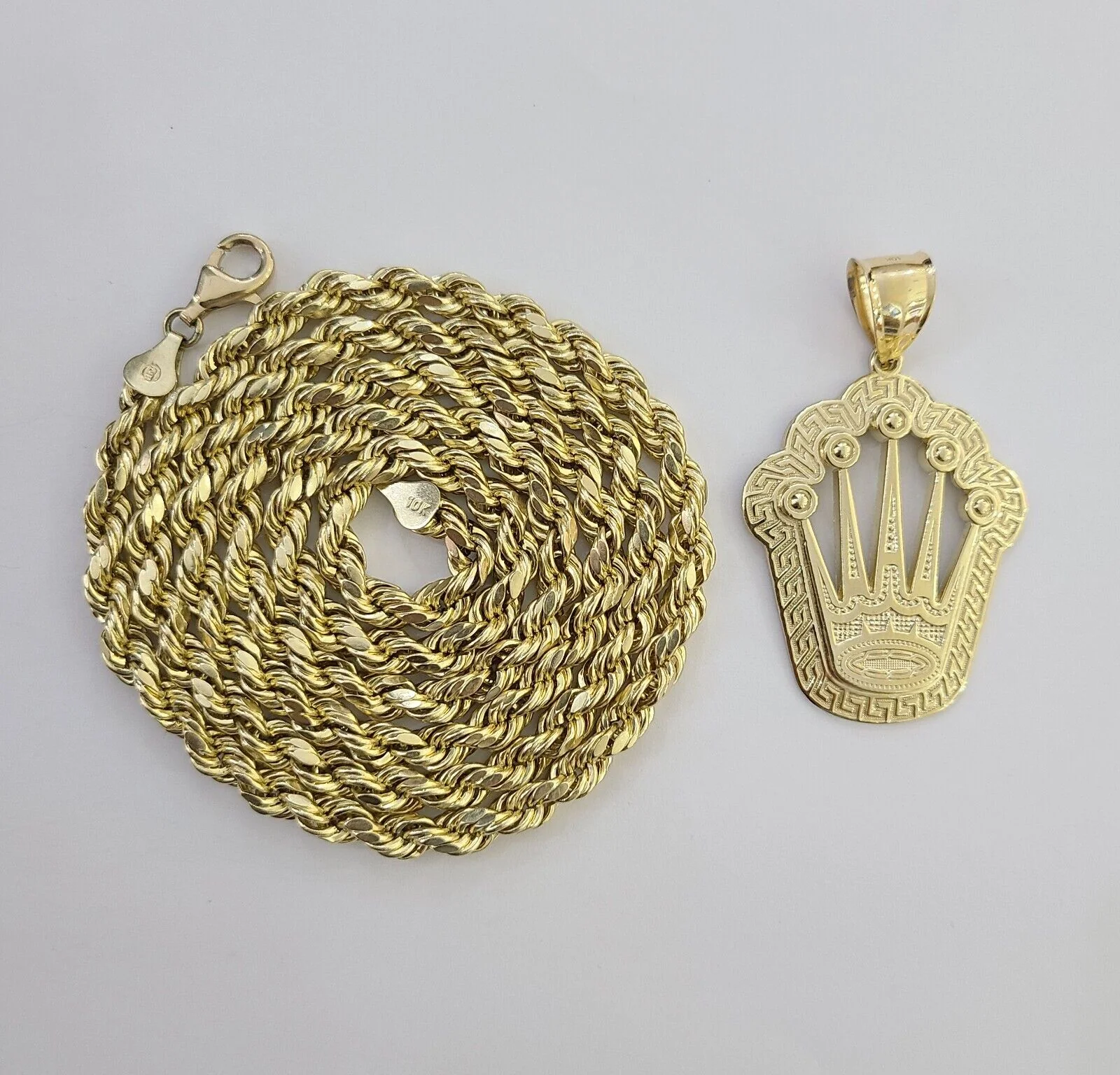 10K Yellow Gold Crown Pendent Charm 6mm Rope Chain 22" - Image 2