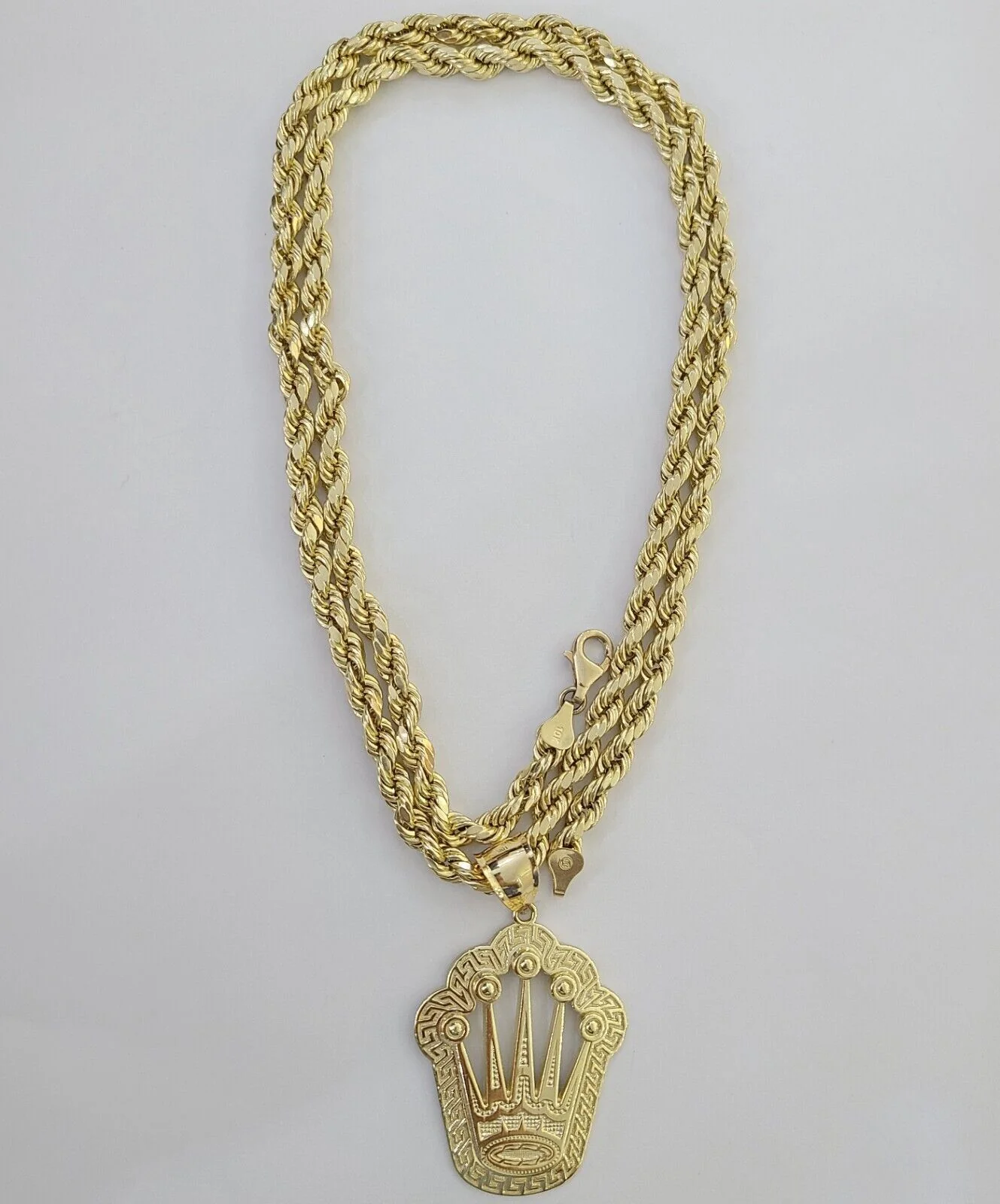 10K Yellow Gold Crown Pendent Charm 6mm Rope Chain 22" - Image 3