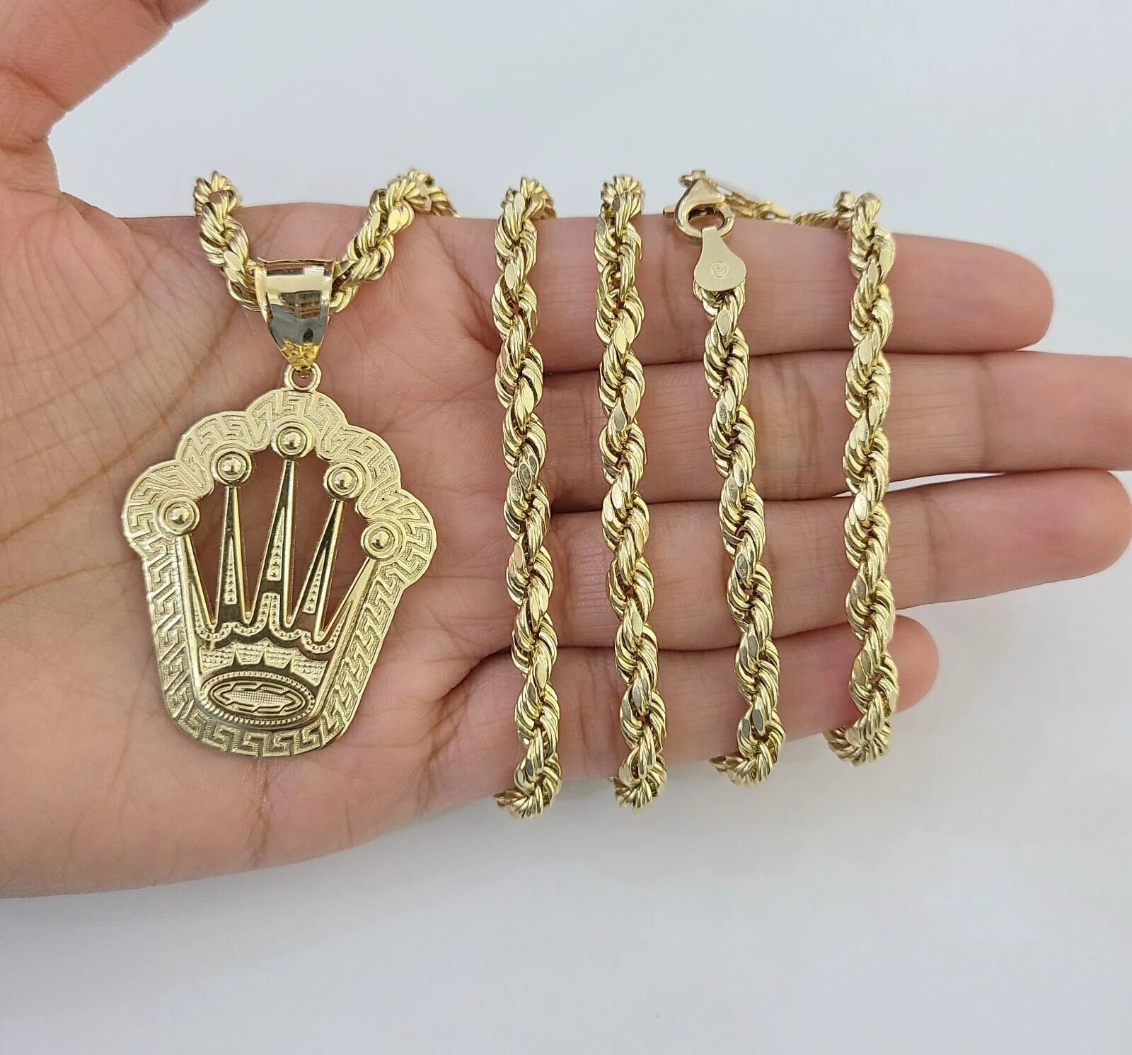 10K Yellow Gold Crown Pendent Charm 6mm Rope Chain 22" - Image 4