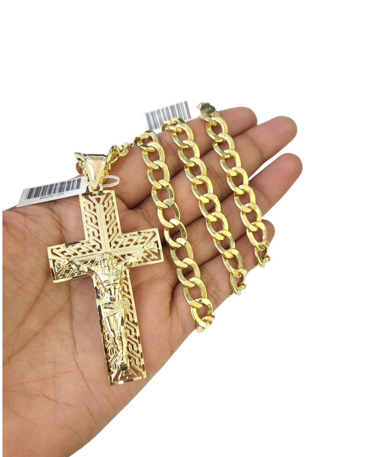10k Yellow Gold Cuban Curb Chain Holy Cross Pendant SET Charm 8mm Necklace Men - Image 2