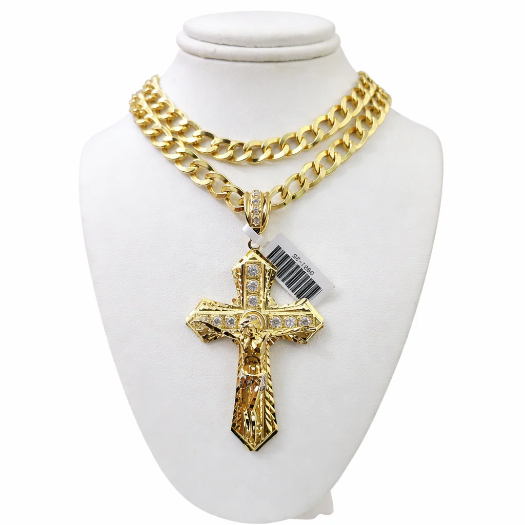 10k Yellow Gold Cuban Curb Chain SET Christ Cross Pendant Charm 8mm Necklace Men - Image 5