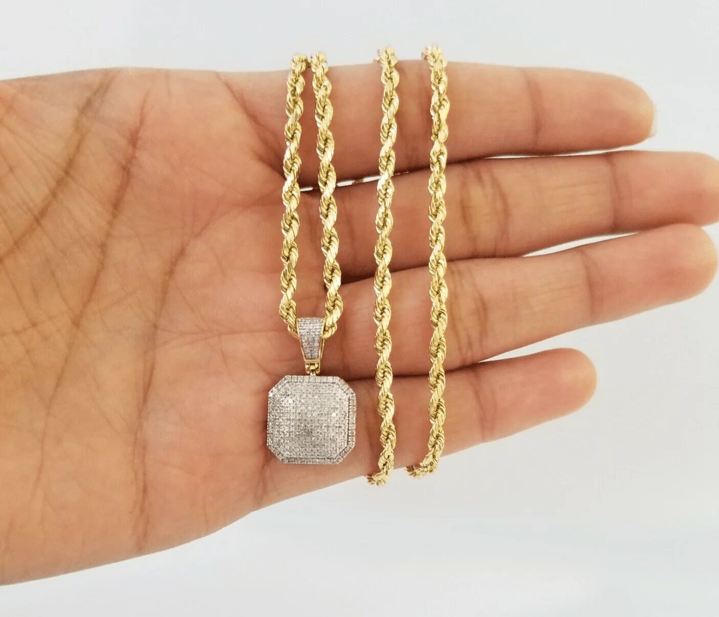 10K Yellow Gold Diamond Charm rope chain 3mm 20" SET  Pillow Pendant Necklace - Image 2