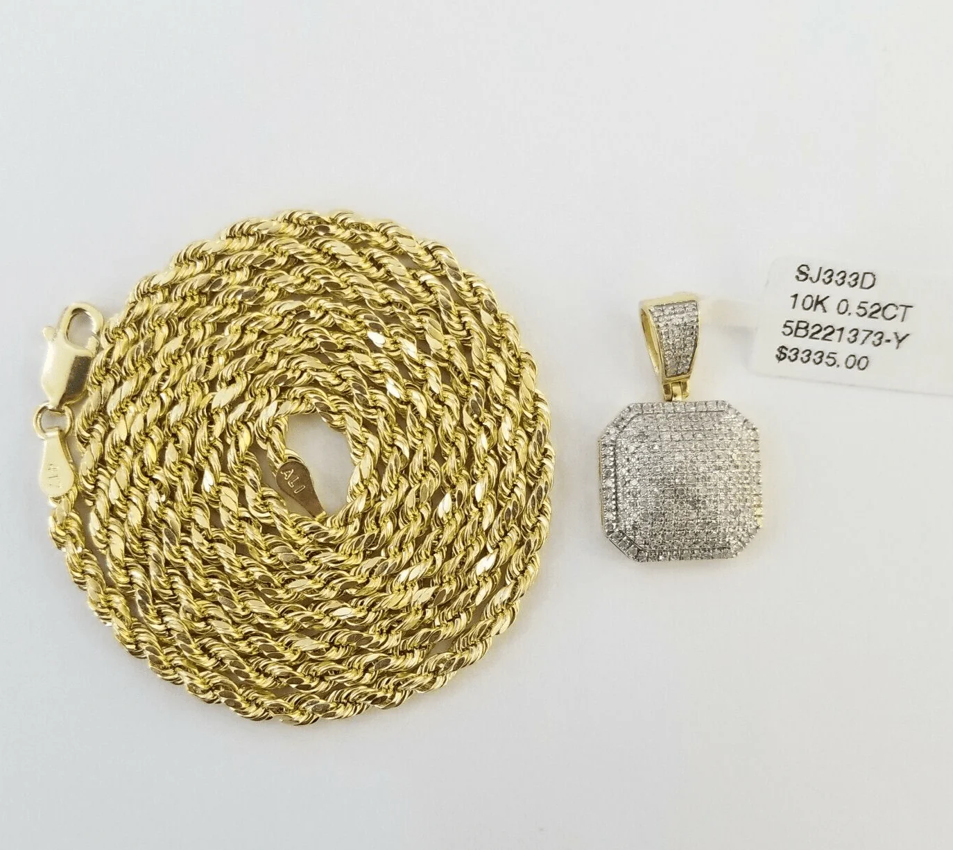 10K Yellow Gold Diamond Charm rope chain 3mm 20" SET  Pillow Pendant Necklace - Image 3