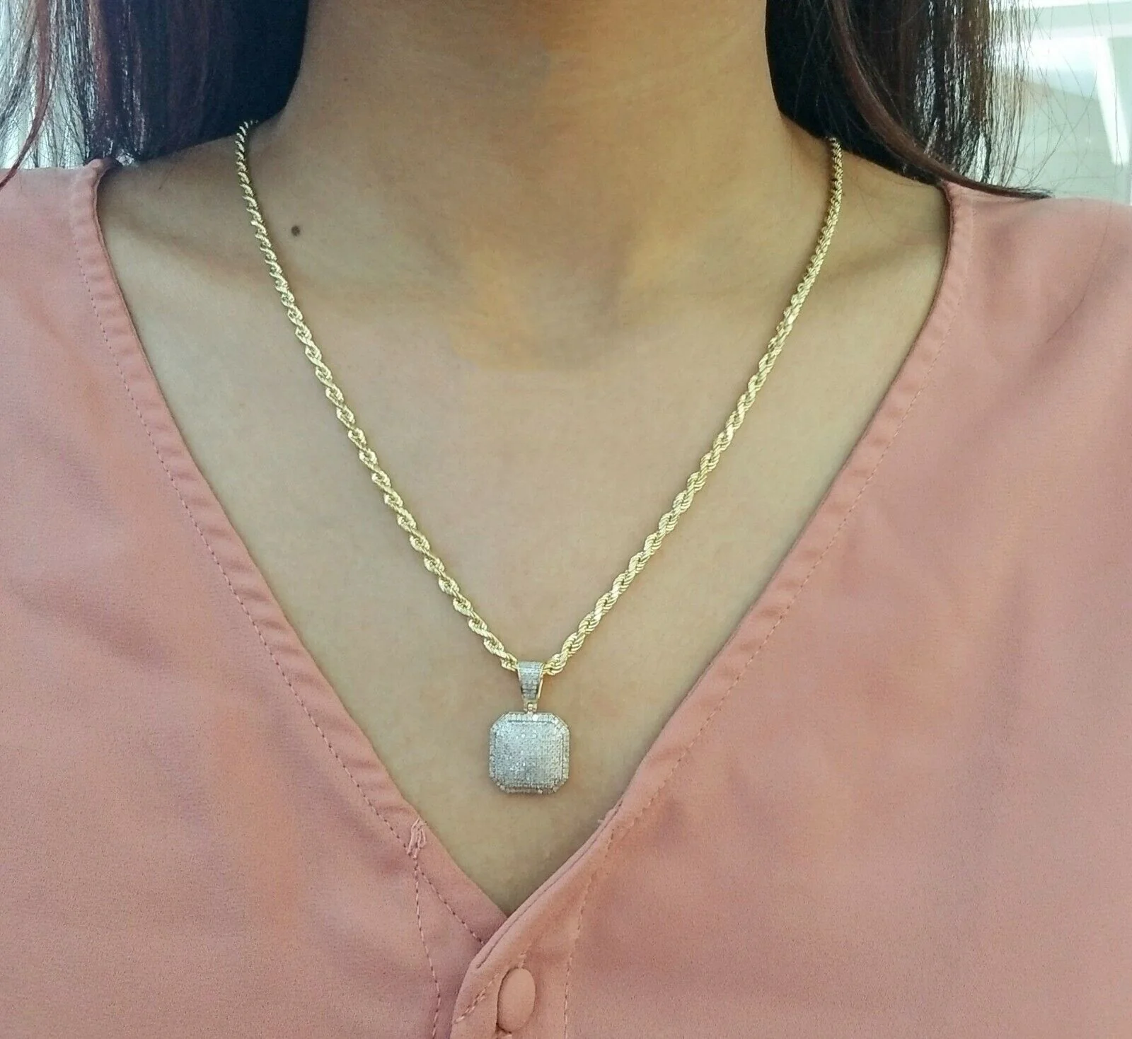 10K Yellow Gold Diamond Charm rope chain 3mm 20" SET  Pillow Pendant Necklace - Image 4