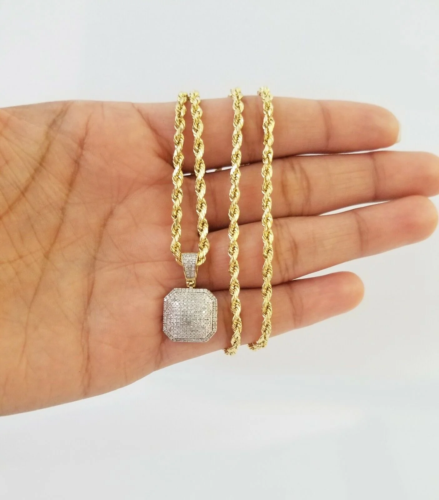 10K Yellow Gold Diamond Charm rope chain 3mm 22" SET & Pillow Pendant & Neckalce - Image 2