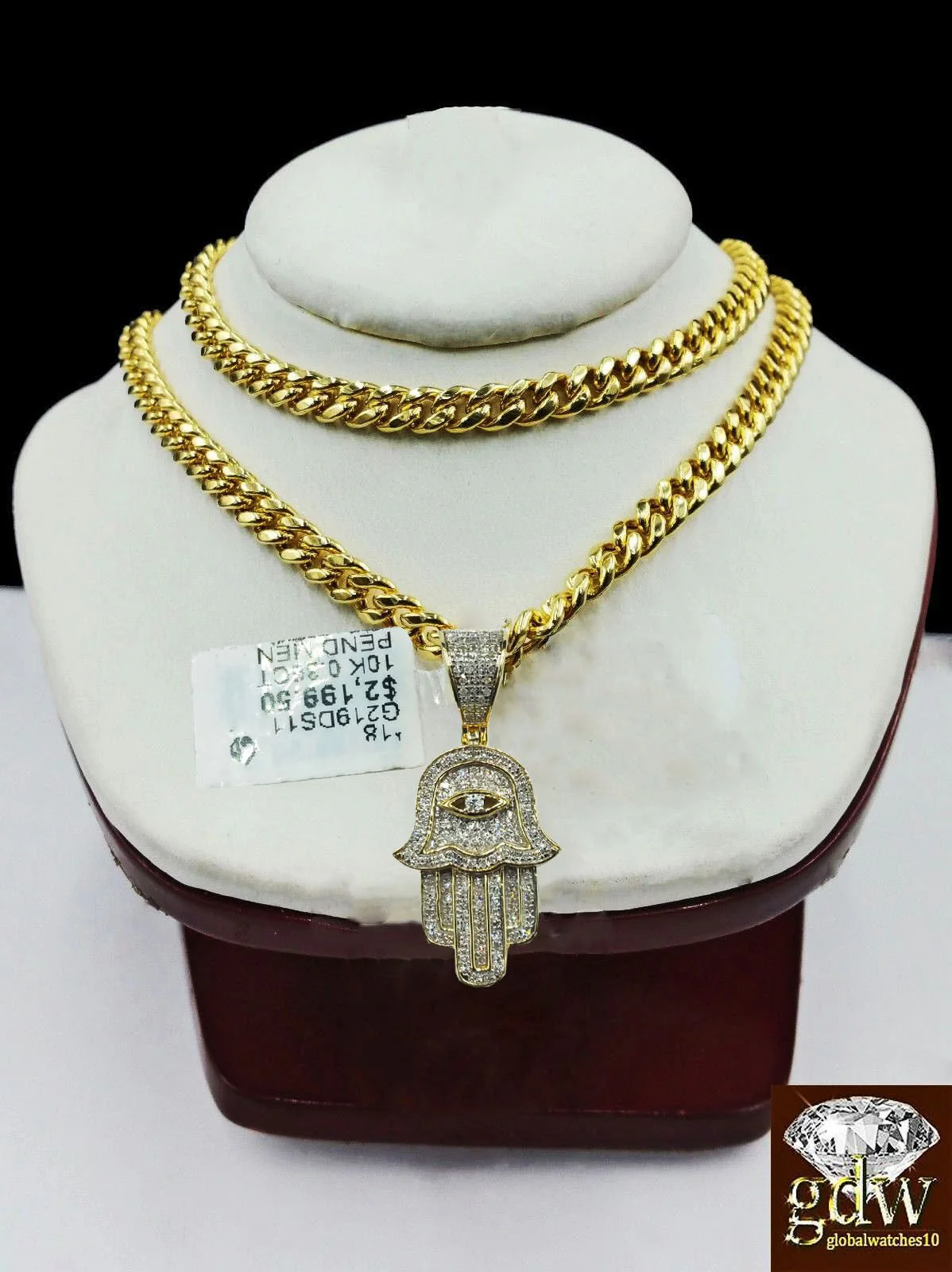 10k Yellow Gold Natural Diamond Hamsa Hand Pendant 20" Miami Cuban Chain - Image 2