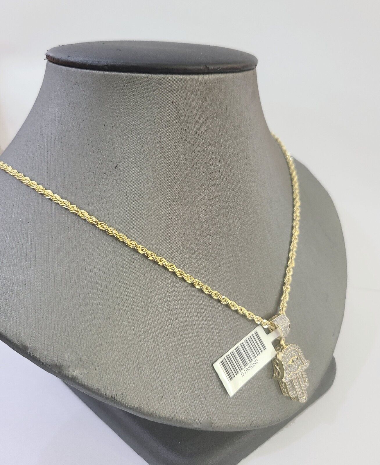 10k Yellow Gold & Diamond Hamsa Hand Charm and 18" inches Rope Chain - Image 5