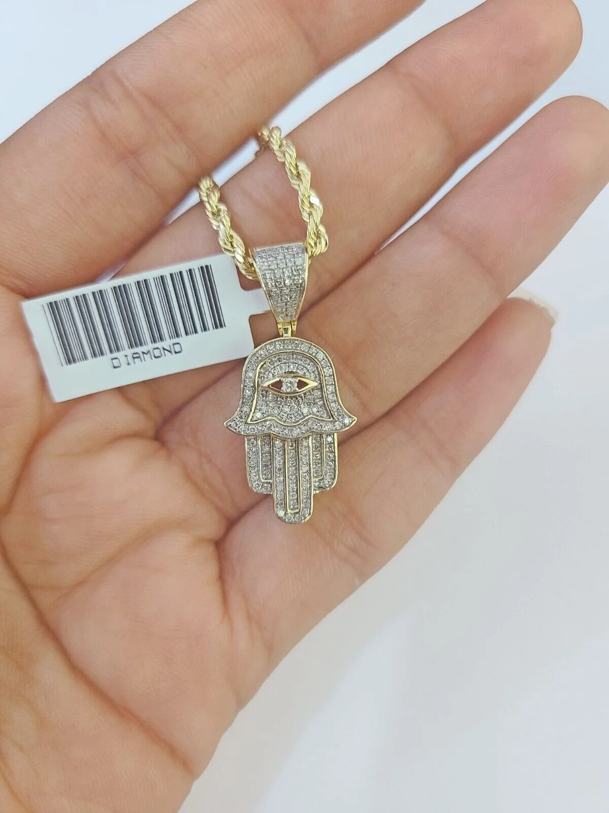 10k Yellow Gold & Diamond Hamsa Hand Charm and 20" inches Rope Chain - Image 2