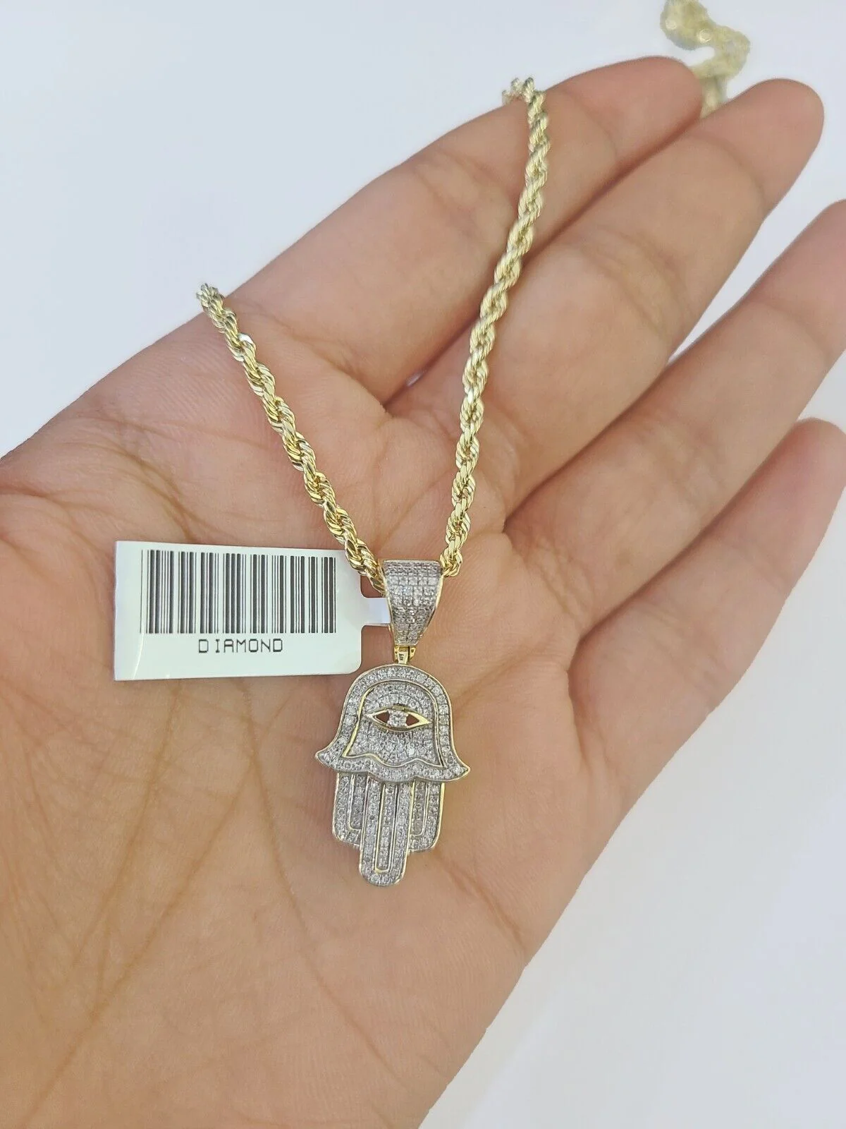 10k Yellow Gold & Diamond Hamsa Hand Charm and 20" inches Rope Chain - Image 3