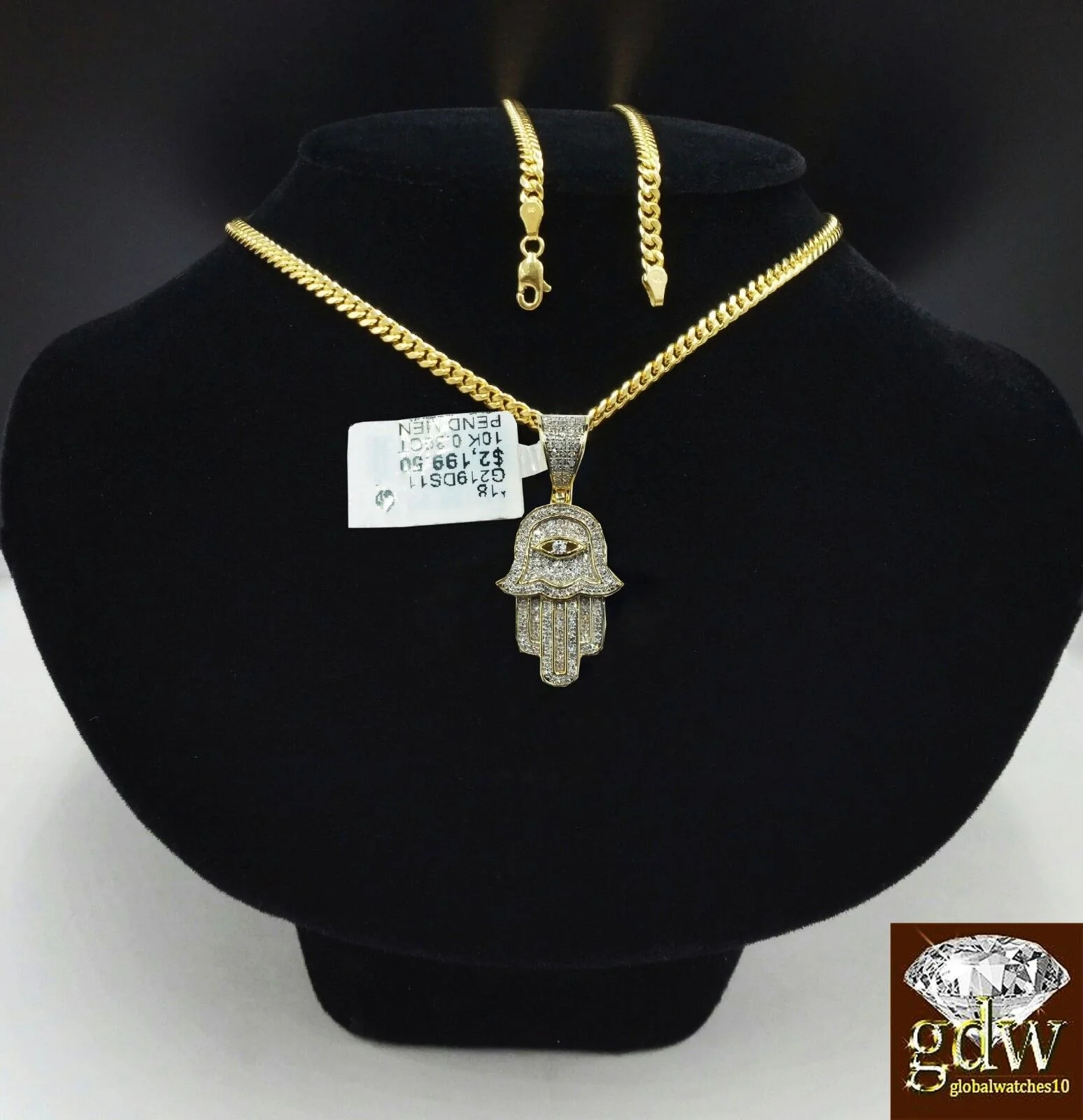 10k Yellow Gold Diamond Hamsa Hand Charm and 22" Miami Cuban Chain - Image 4
