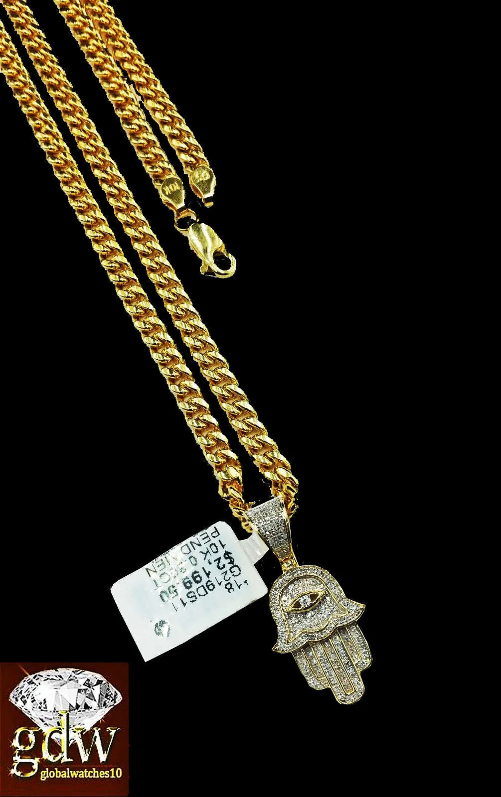 10k Yellow Gold Diamond Hamsa Hand Charm and 22" Miami Cuban Chain - Image 5