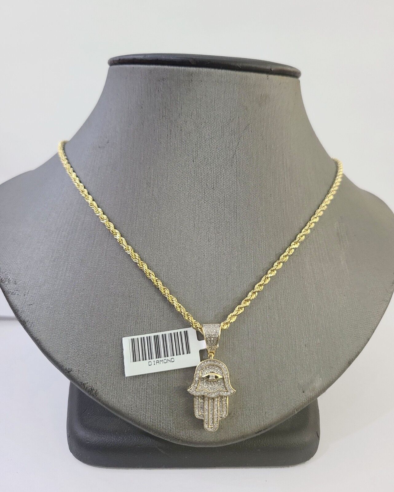 10k Yellow Gold & Diamond Hamsa Hand Charm and 24" inches Rope Chain - Image 2