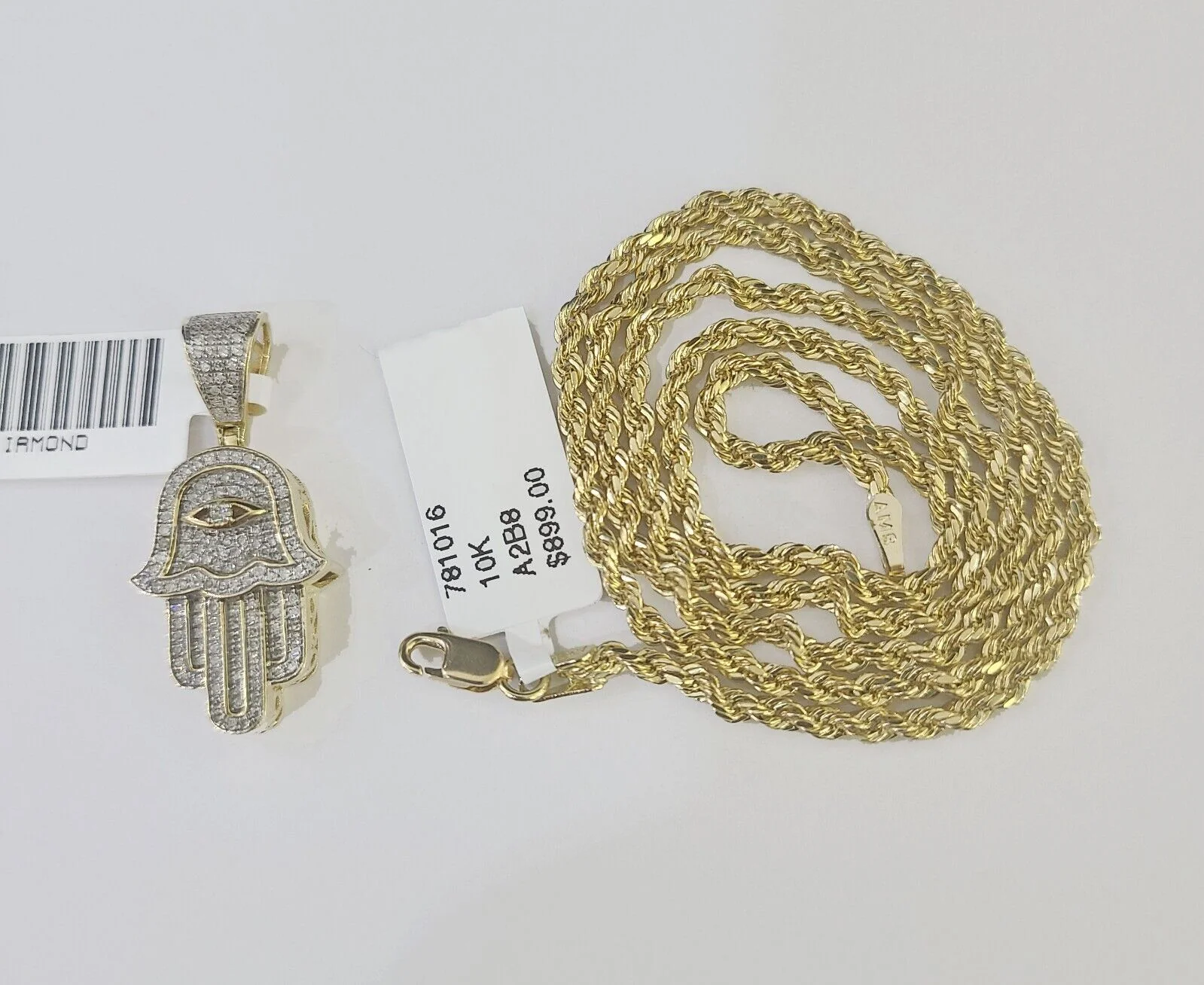 10k Yellow Gold & Diamond Hamsa Hand Charm and 24" inches Rope Chain - Image 4