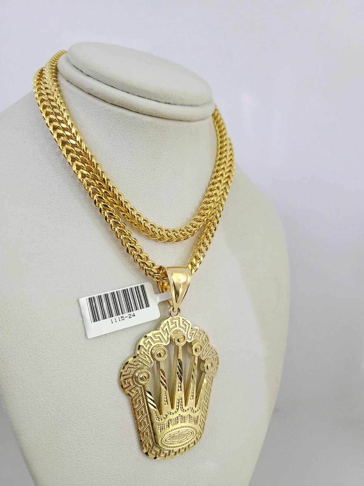 10k Yellow Gold Franco Chain Crown Charm Pendant 4mm 18-28 Inches Necklace - Image 3