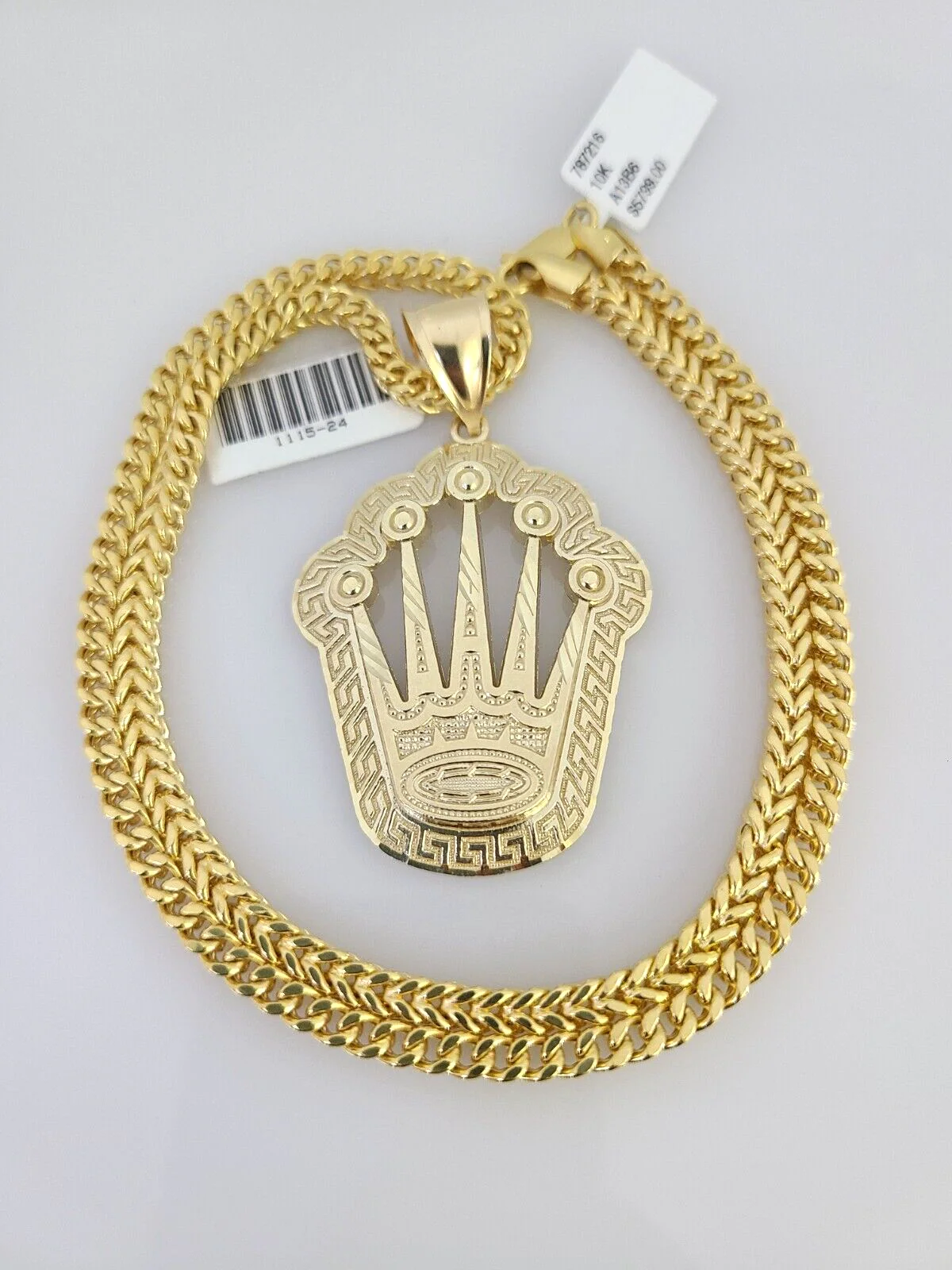 10k Yellow Gold Franco Chain Crown Charm Pendant 4mm 18-28 Inches Necklace - Image 5