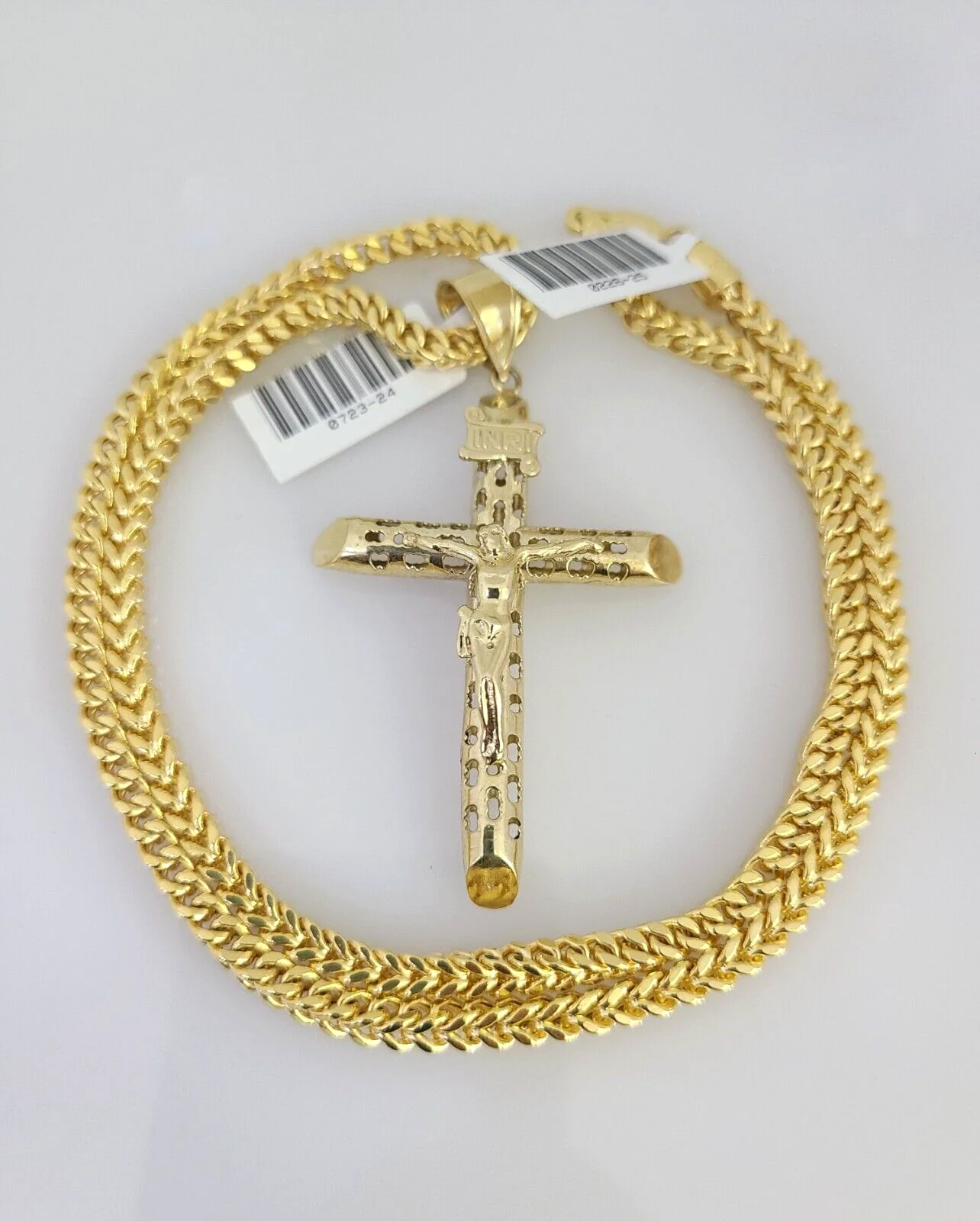 10k Yellow Gold Franco Chain INRI Cross Charm Pendant 4mm 18-28 Inches Necklace - Image 4