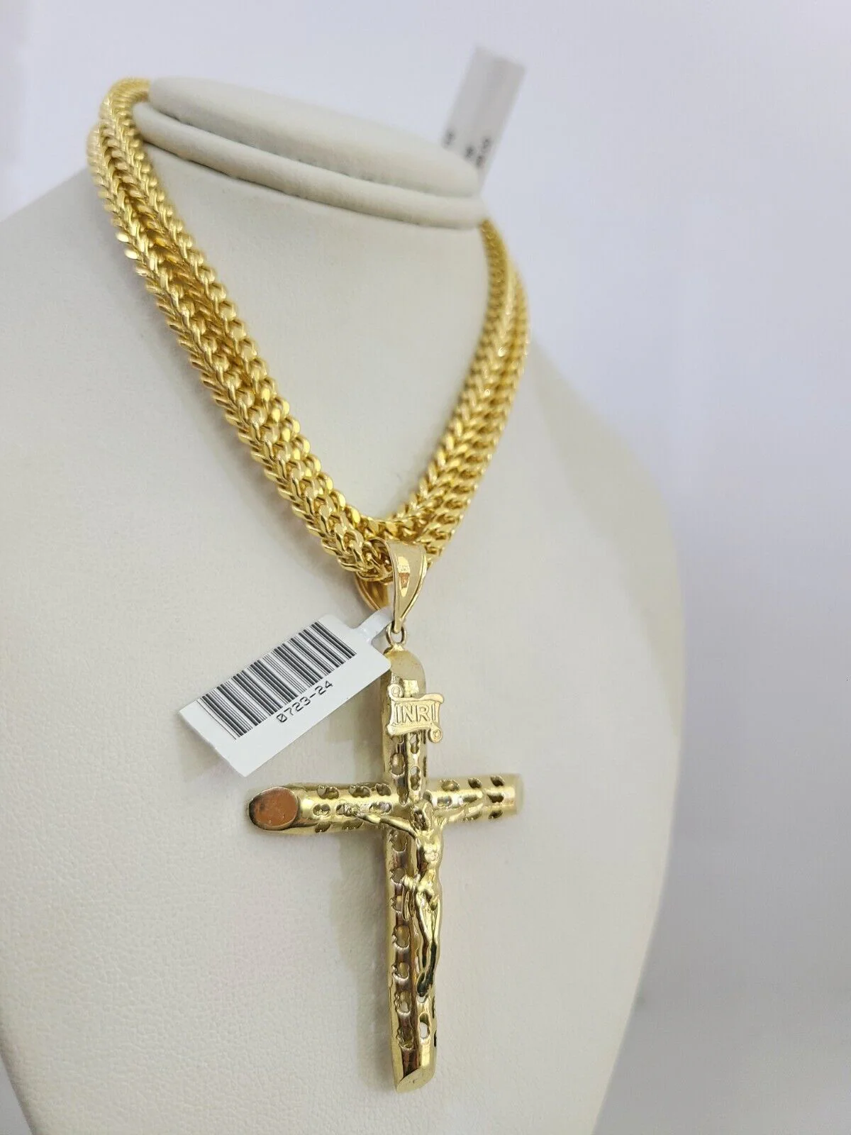 10k Yellow Gold Franco Chain INRI Cross Charm Pendant 4mm 18-28 Inches Necklace - Image 7