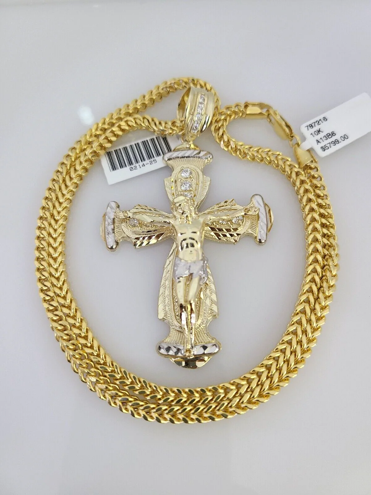 10k Yellow Gold Franco Chain Jesus Cross Charm Pendant 4mm 18-28 Inches Necklace - Image 3
