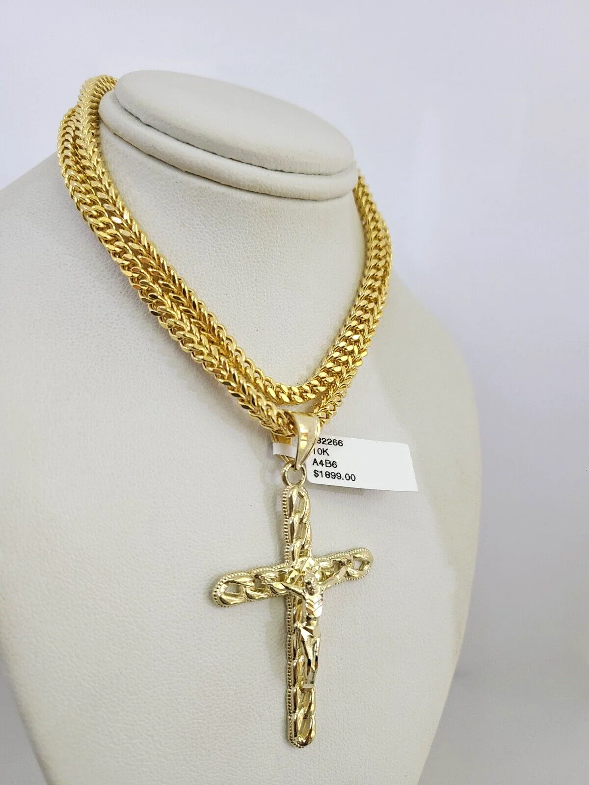10k Yellow Gold Franco Chain Jesus Cross Charm Pendant 4mm 18-28 Inches Necklace - Image 3