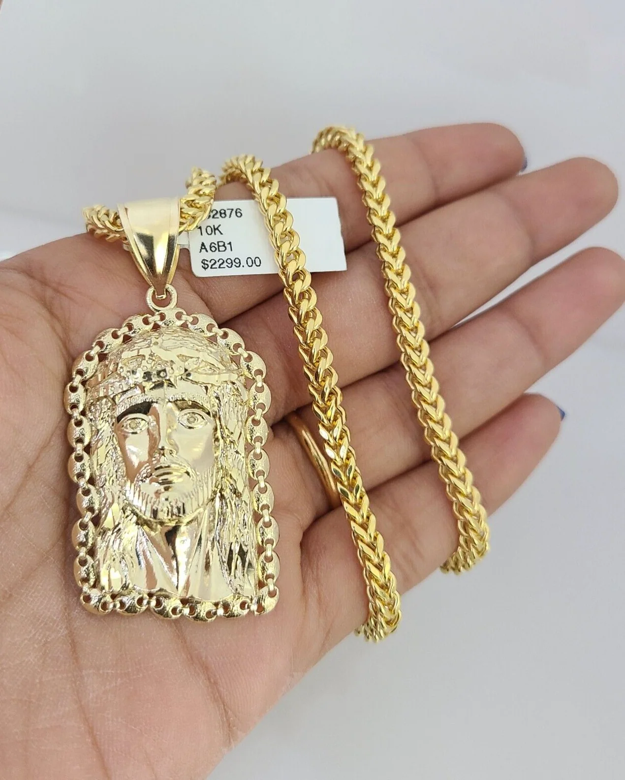 10k Yellow Gold Franco Chain Jesus Head Charm Pendant 4mm 18-28 Inches Necklace - Image 2