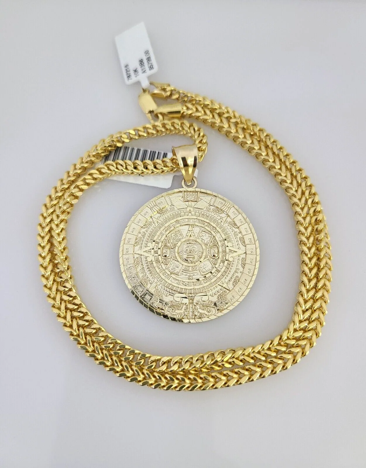 10k Yellow Gold Franco Chain Mayan Calendar Charm 4mm 18-28 Inches Necklace - Image 3