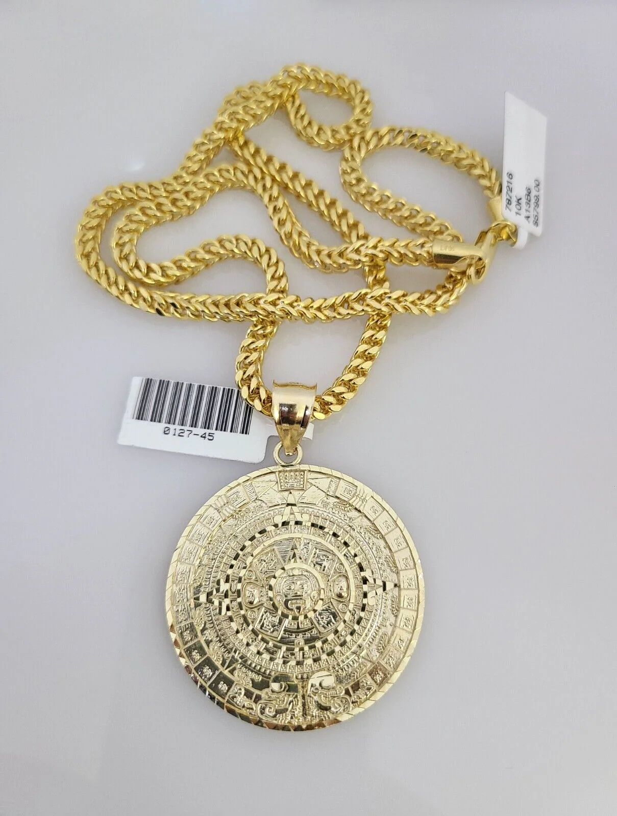 10k Yellow Gold Franco Chain Mayan Calendar Charm 4mm 18-28 Inches Necklace - Image 4