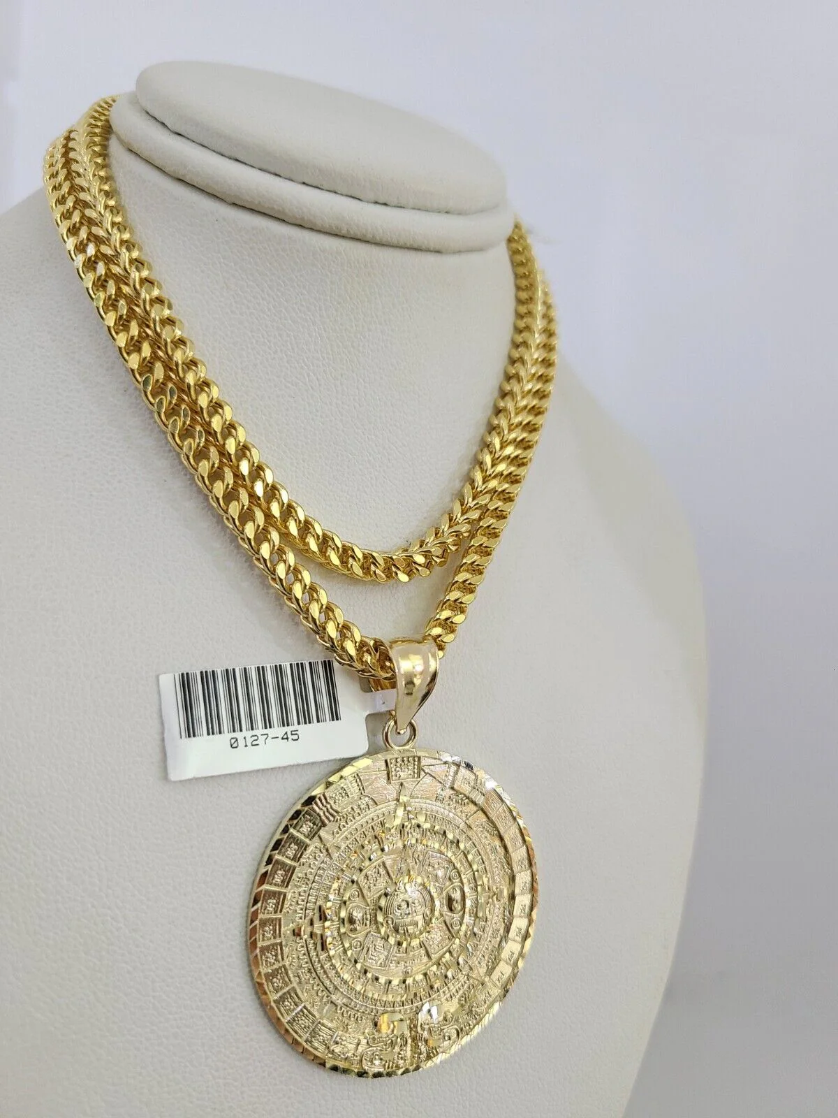 10k Yellow Gold Franco Chain Mayan Calendar Charm 4mm 18-28 Inches Necklace - Image 6
