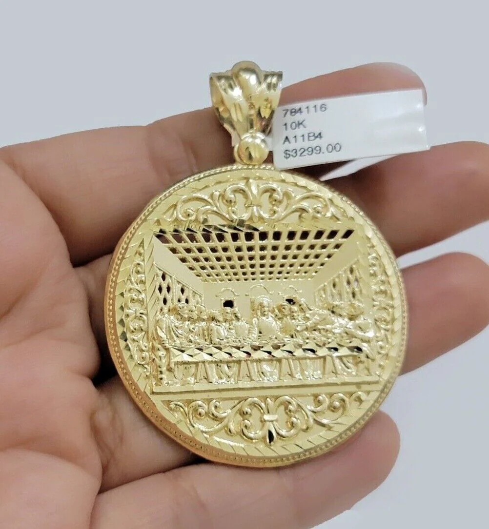 10k Yellow Gold Franco Chain Necklace Last Supper Charm Pendant 3mm 18"-26" Inch - Image 11
