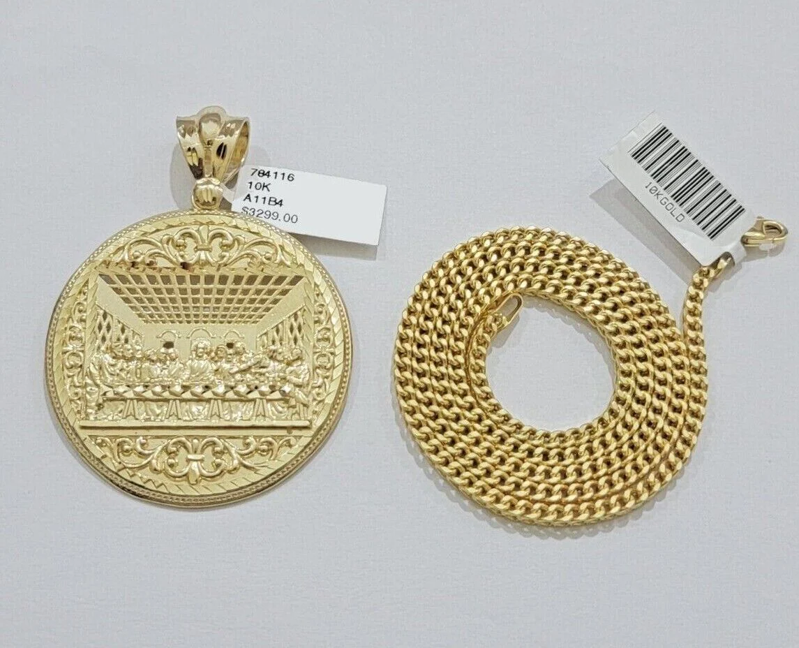 10k Yellow Gold Franco Chain Necklace Last Supper Charm Pendant 3mm 18"-26" Inch - Image 8