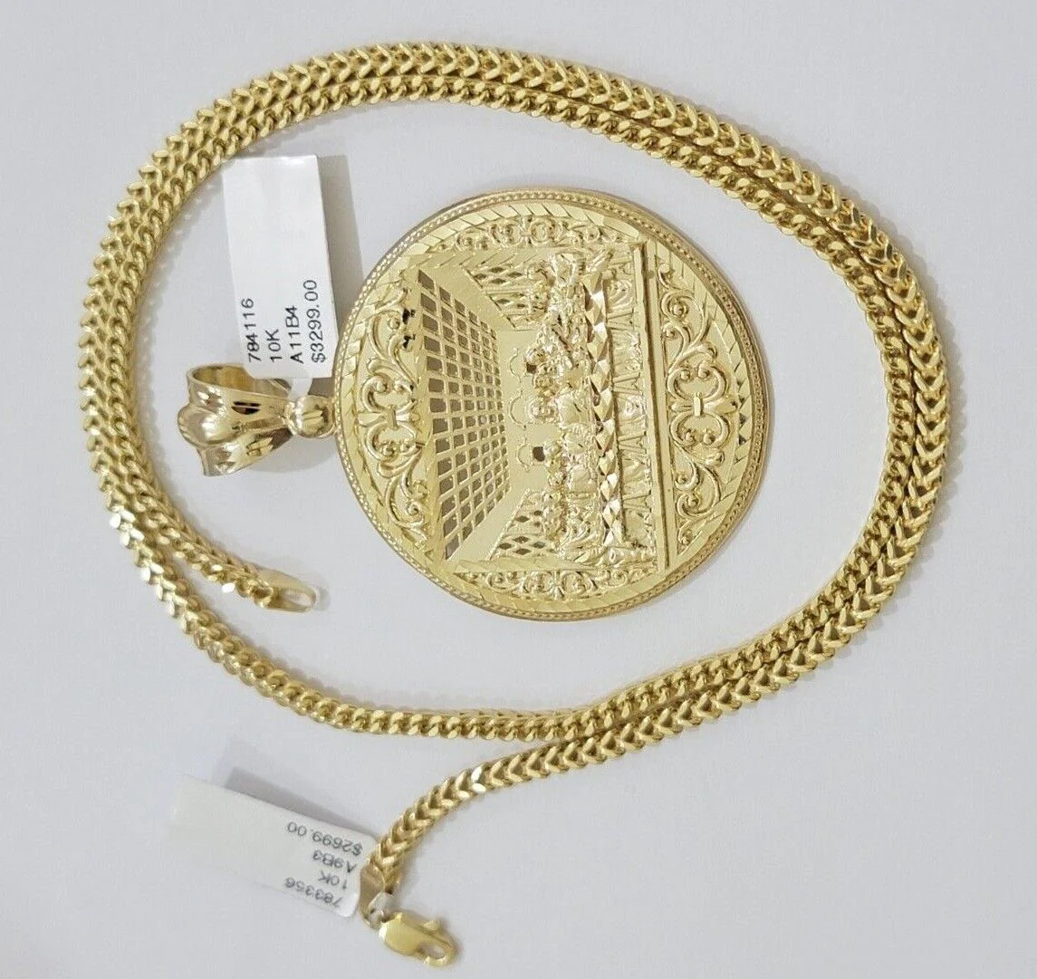 10k Yellow Gold Franco Chain Necklace Last Supper Charm Pendant 3mm 20"Inch 10kt - Image 11
