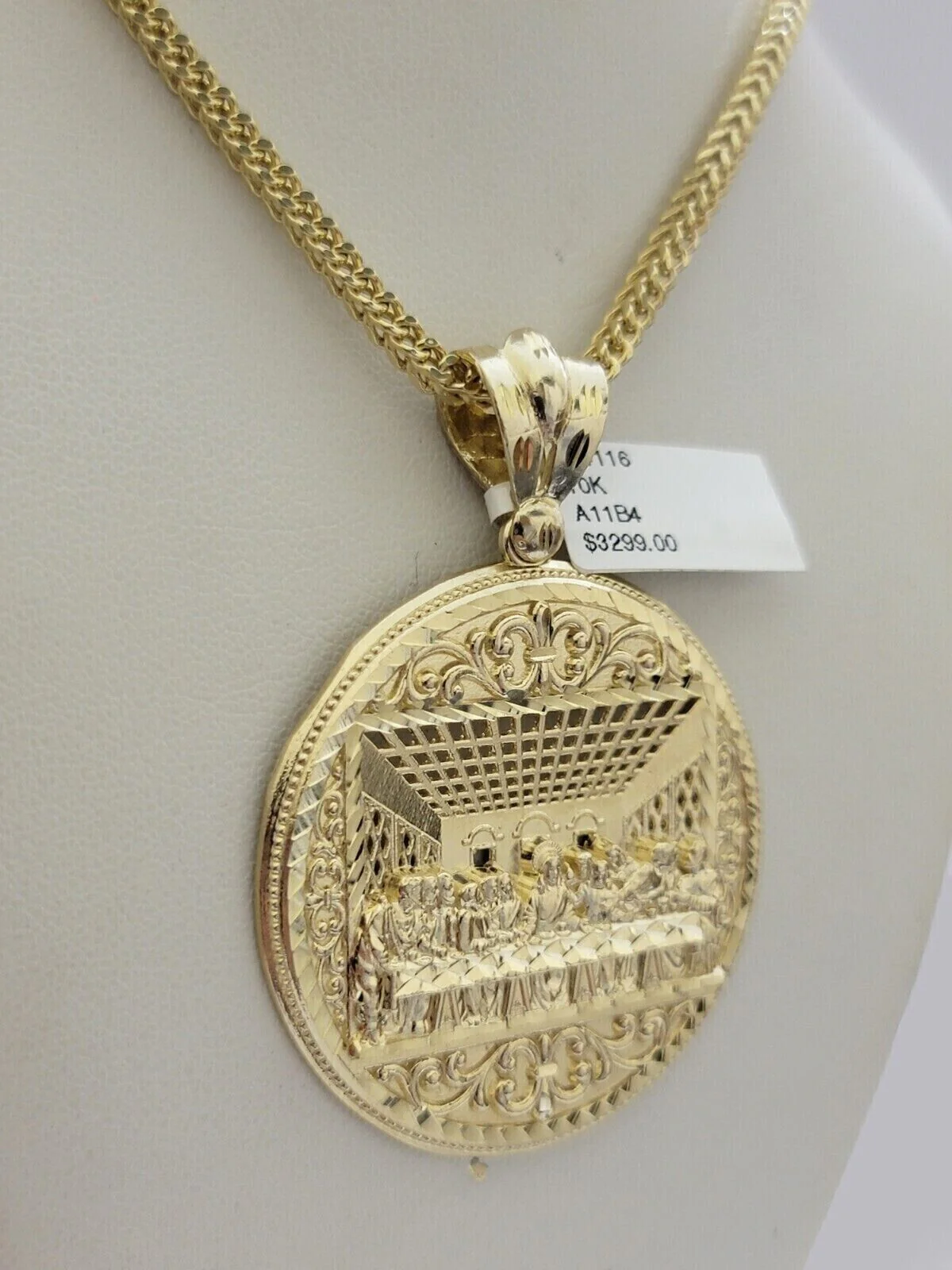 10k Yellow Gold Franco Chain Necklace Last Supper Charm Pendant 3mm 22"Inch SALE - Image 12