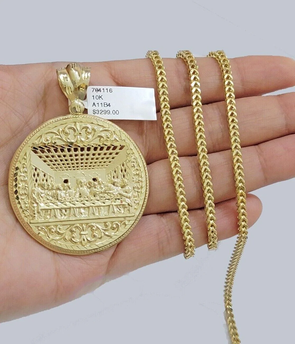 10k Yellow Gold Franco Chain Necklace Last Supper Charm Pendant 3mm 22"Inch SALE - Image 9