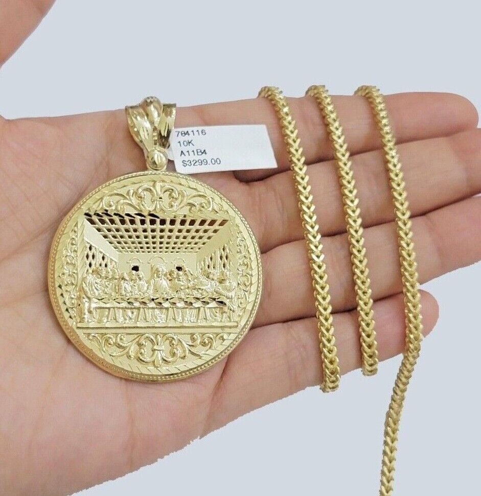 10k Yellow Gold Franco Chain Necklace Last Supper Charm Pendant 3mm 24"Inch 10kt - Image 7