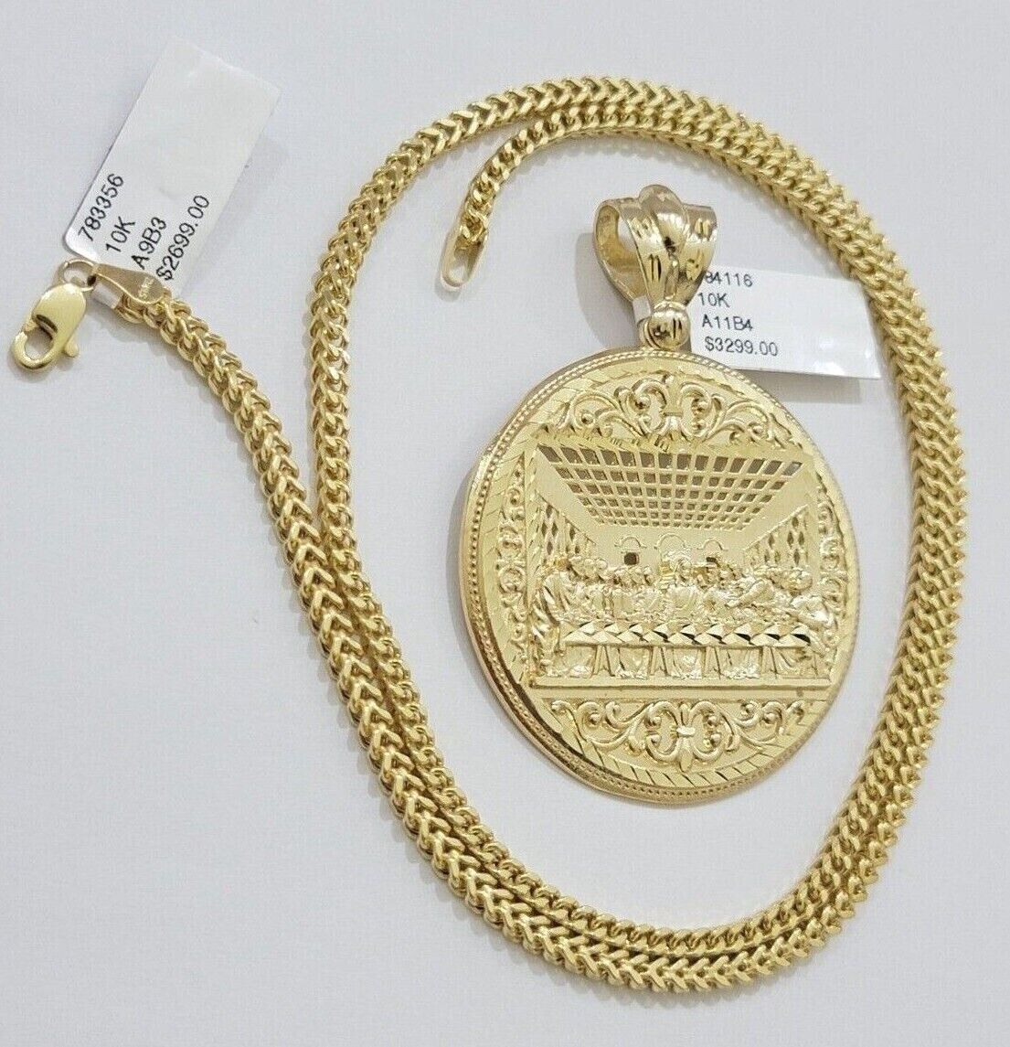 10k Yellow Gold Franco Chain Necklace Last Supper Charm Pendant 3mm 24"Inch 10kt - Image 8