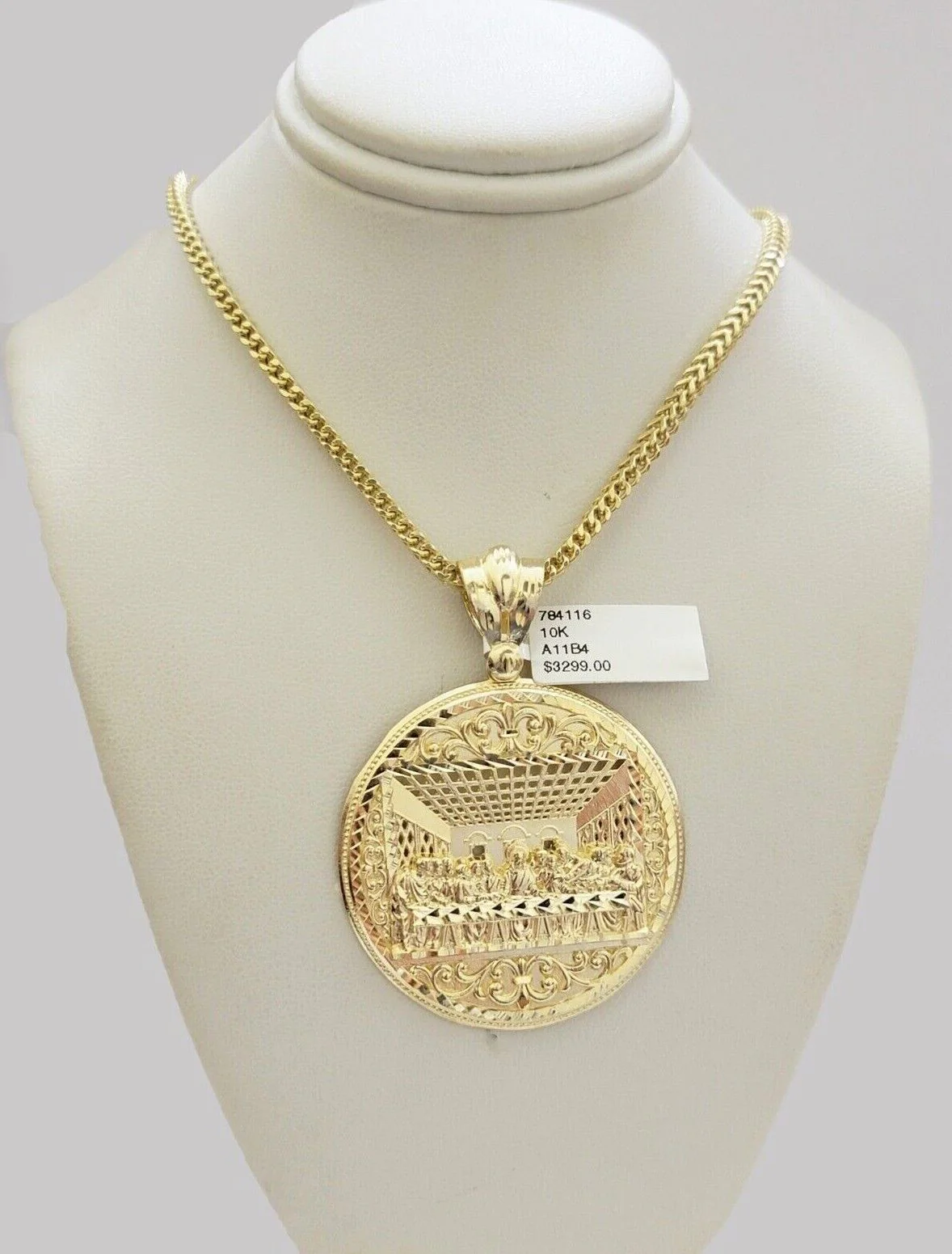 10k Yellow Gold Franco Chain Necklace Last Supper Charm Pendant 3mm 24"Inch 10kt - Image 9