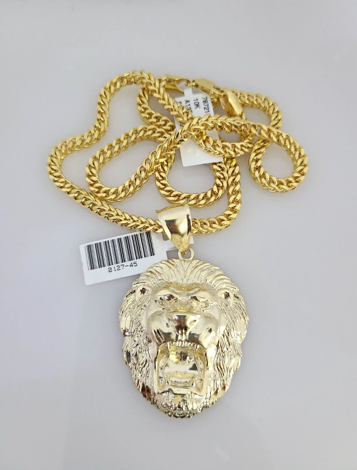 10k Yellow Gold Franco Chain Roaring Lion Charm Pendant 4mm 18-28 Inch Necklace - Image 2