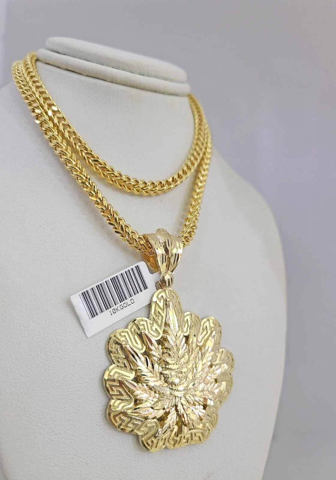 10k Yellow Gold Franco Chain Weed Leaf Charm Pendant 4mm 18-28 Inch Necklace - Image 6