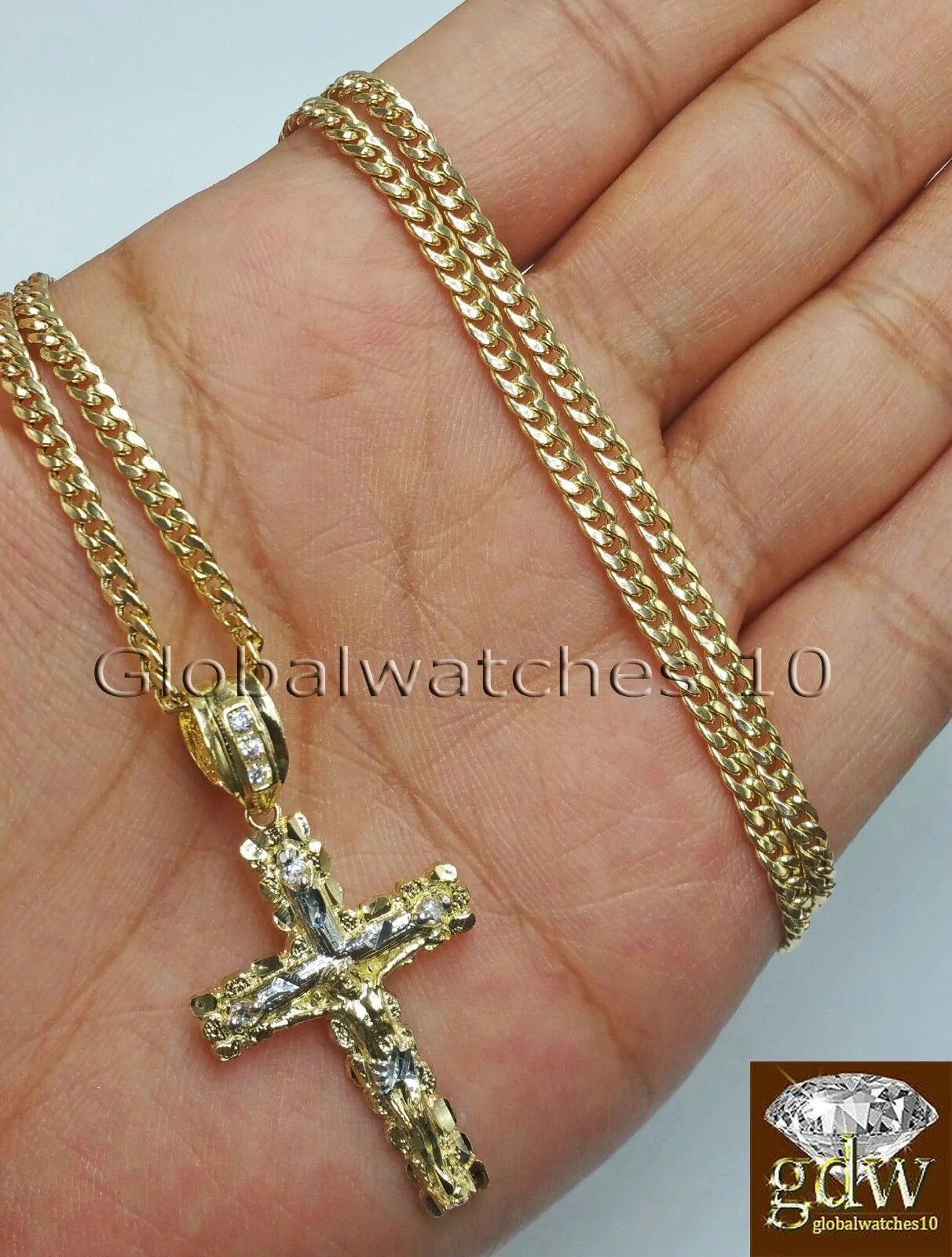 10k Yellow Gold Jesus Cross Charm Pendant 10K 22" Miami Cuban Chain SET Real - Image 2