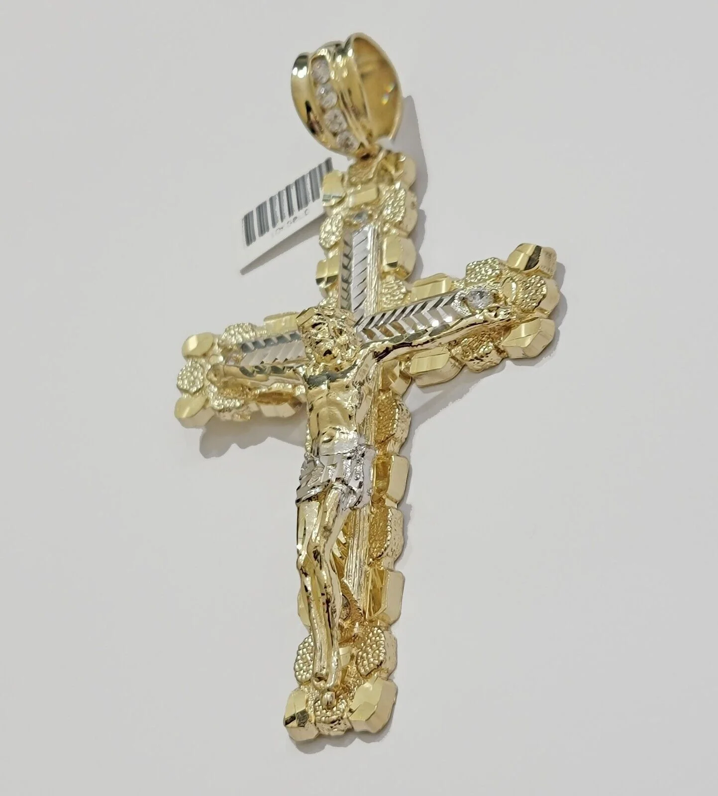 10k Yellow Gold Jesus Cross Charm pendant 4" Inch Mens With Stone, Real 10kt for Sale - Image 2