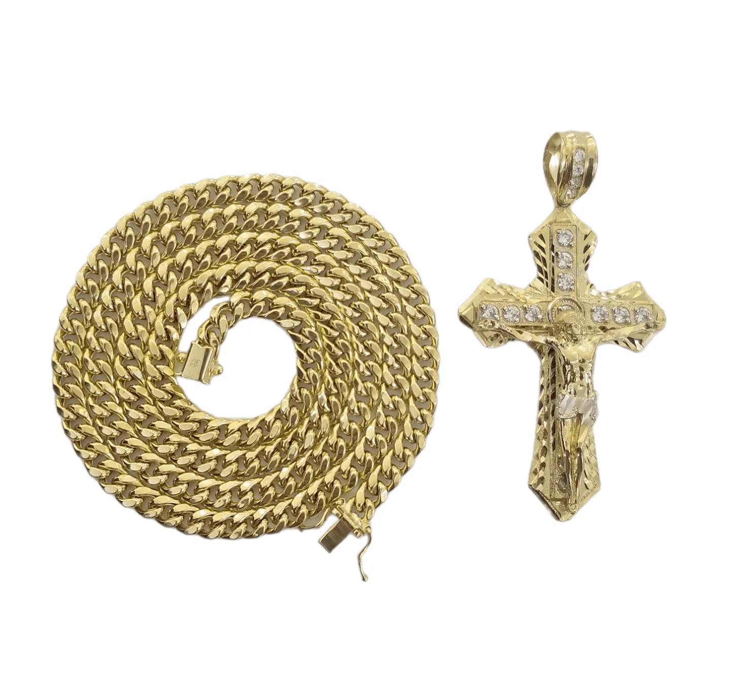 10K Yellow Gold Jesus Cross Pendent 5mm 20" 22"24"26"28" Inch Miami Cuban Chain