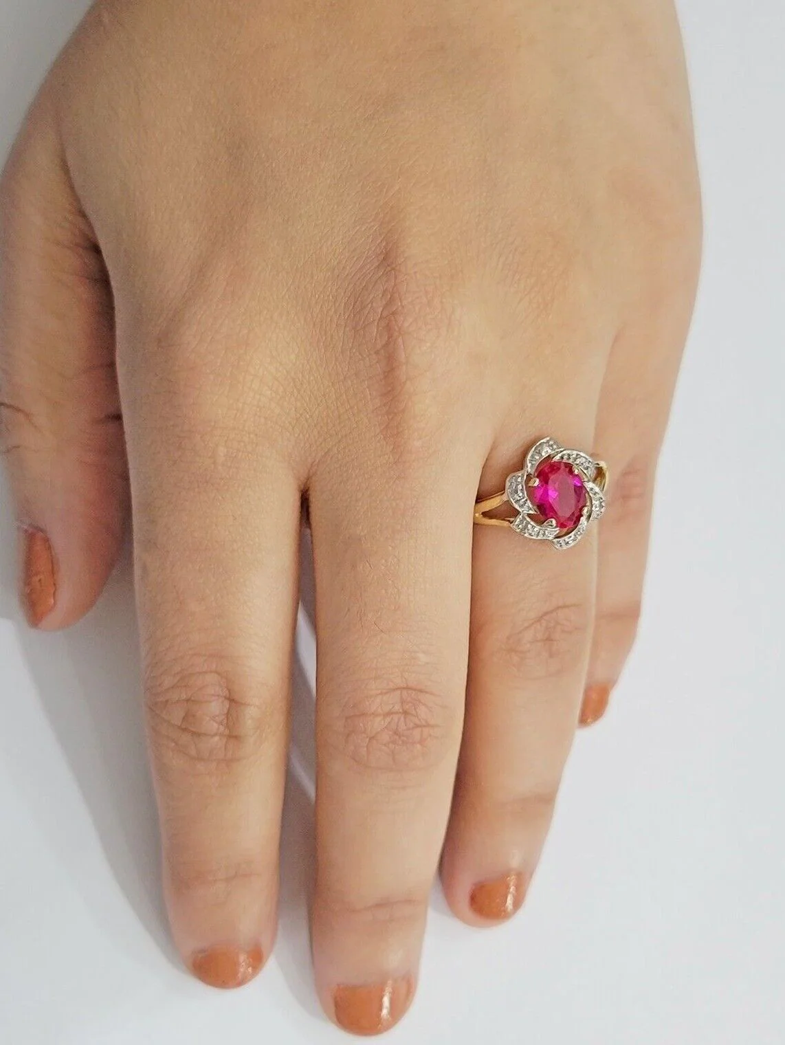 10k Yellow Gold Ladies Ruby Red Ring Women's Casual Band Real 10kt Flower Design Ring Sizes 6,7,8,9,10,11 & 12 - Image 2