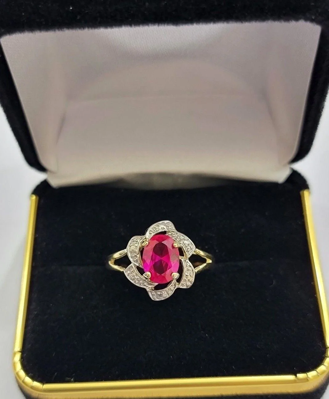 10k Yellow Gold Ladies Ruby Red Ring Women's Casual Band Real 10kt Flower Design Ring Sizes 6,7,8,9,10,11 & 12 - Image 3